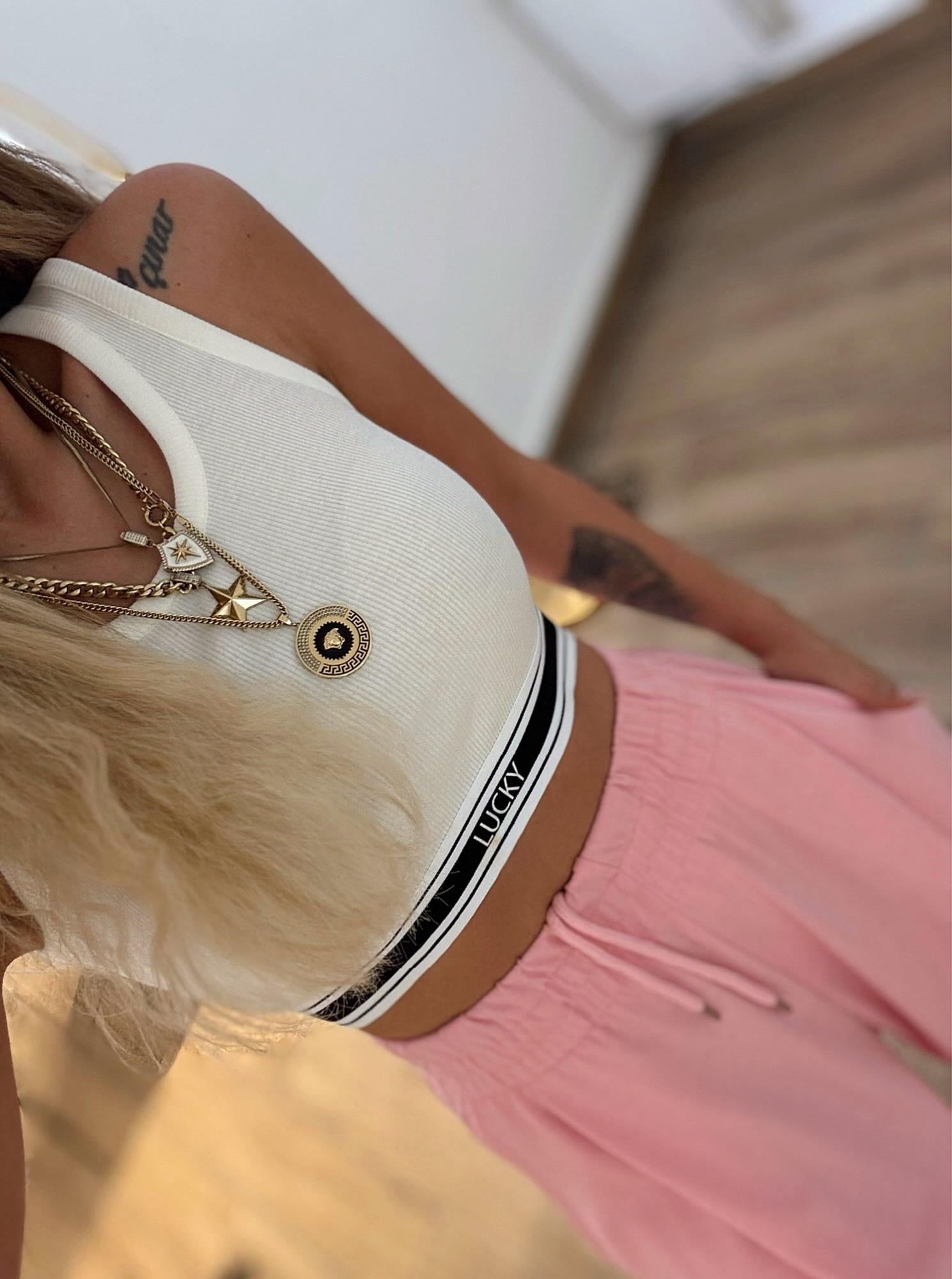 Halter Yaka Lucky Baskı Beyaz Crop