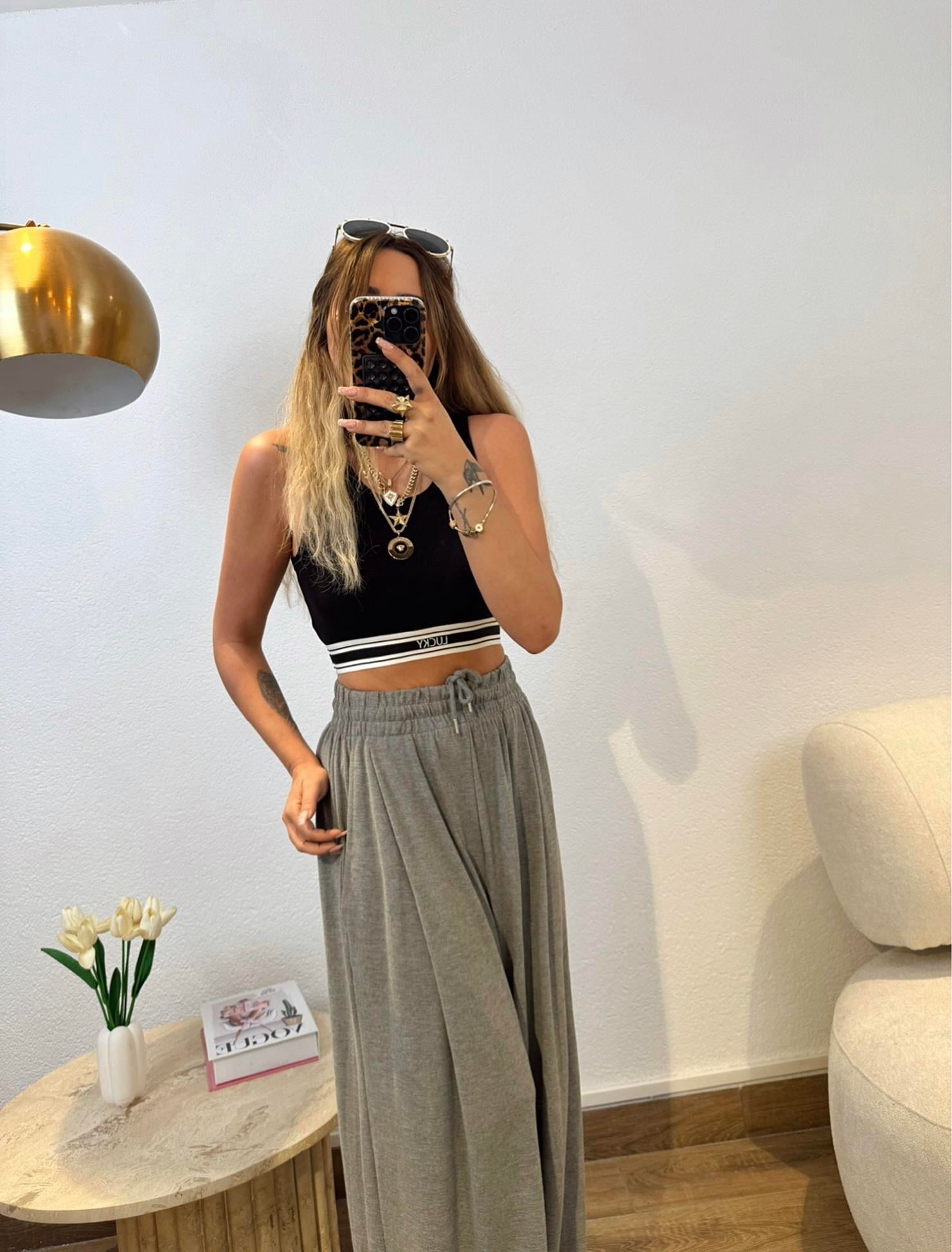 Halter Yaka Lucky Baskı Siyah Crop