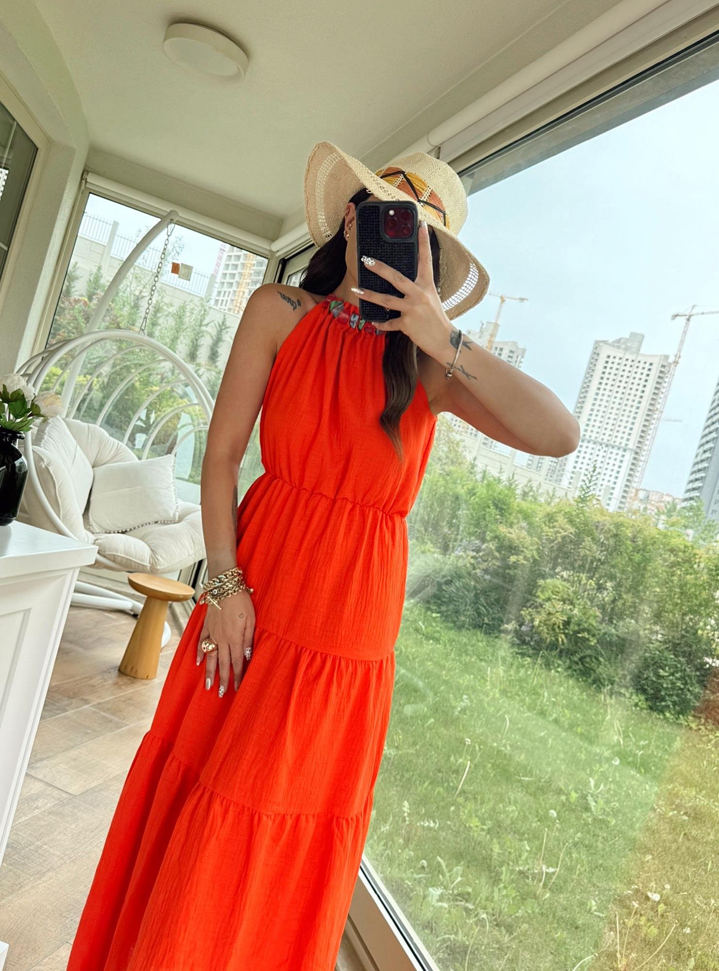 Halter Yaka Nar Çiçeği Keten Elbise