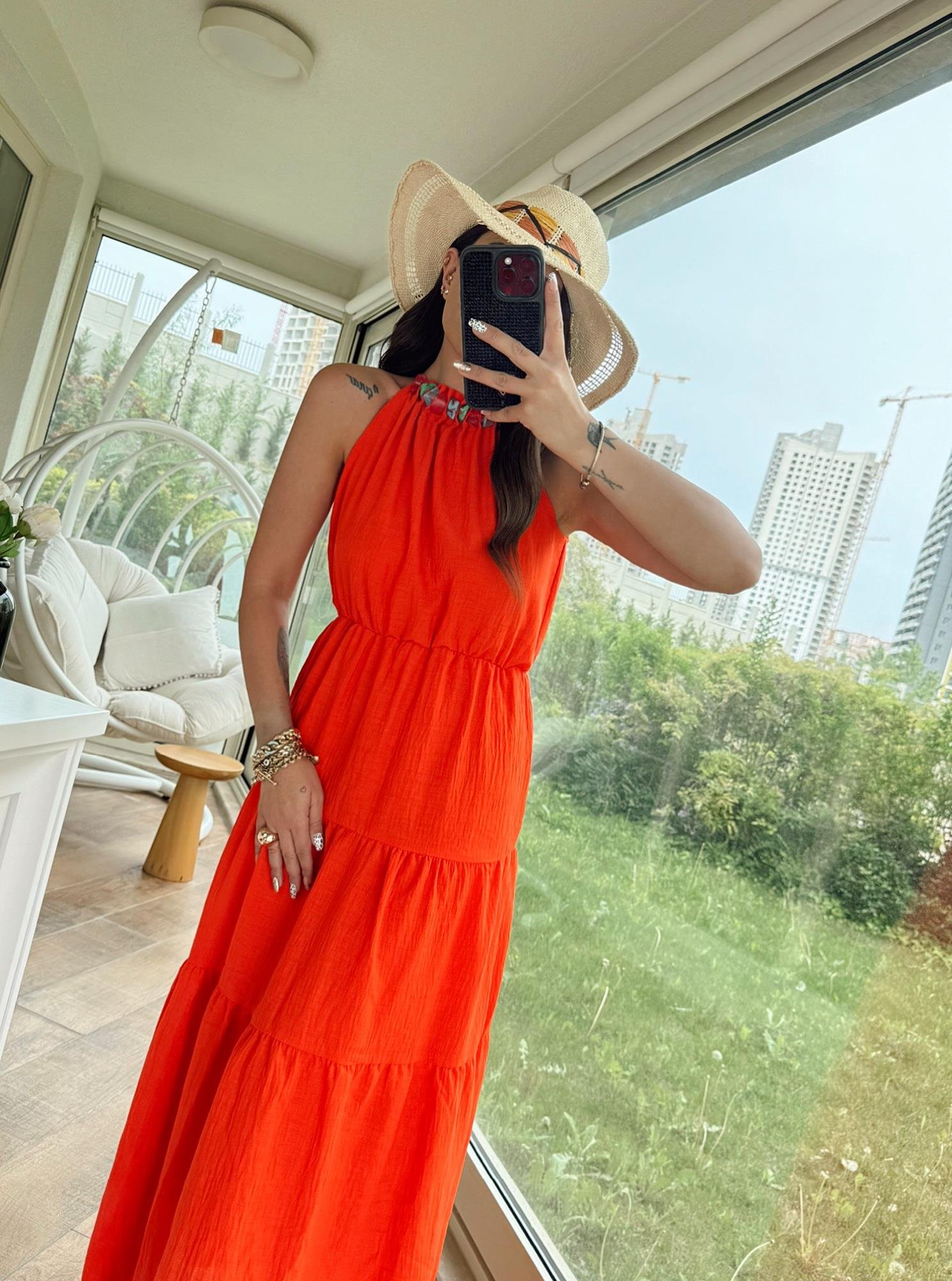 Halter Yaka Nar Çiçeği Keten Elbise