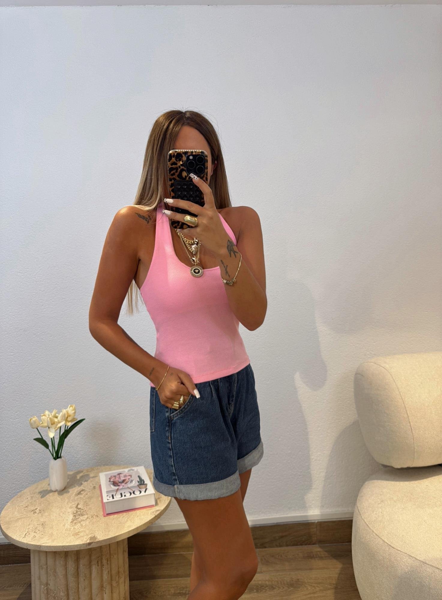 Halter Yaka Pembe Çift Kat Badi