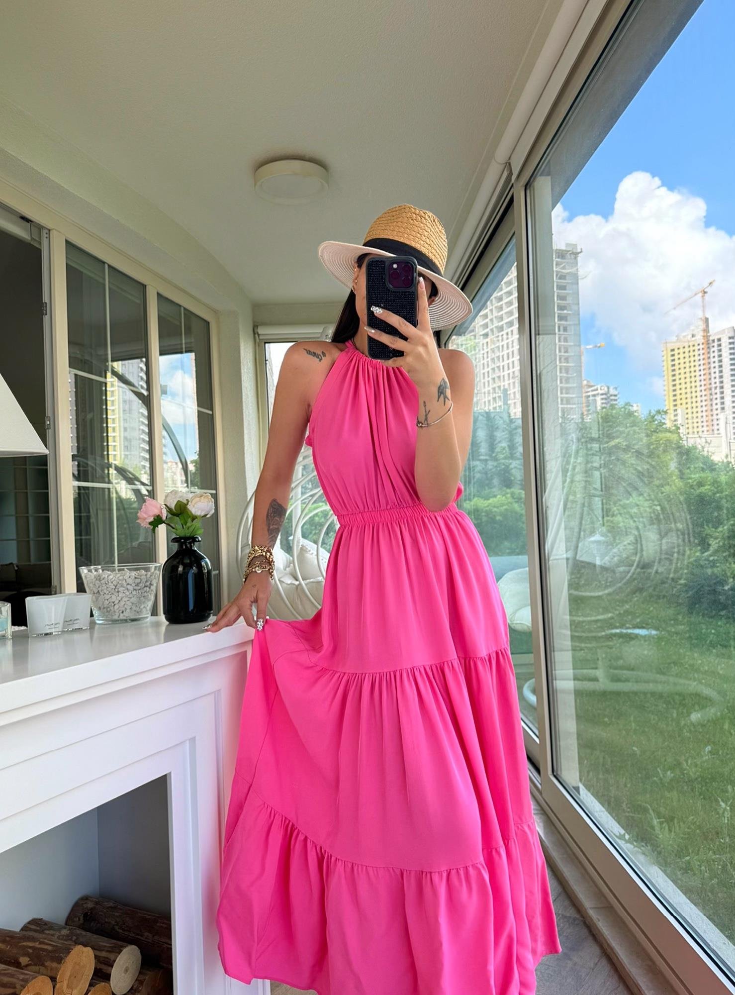 Halter Yaka Pembe Midi Boy Elbise