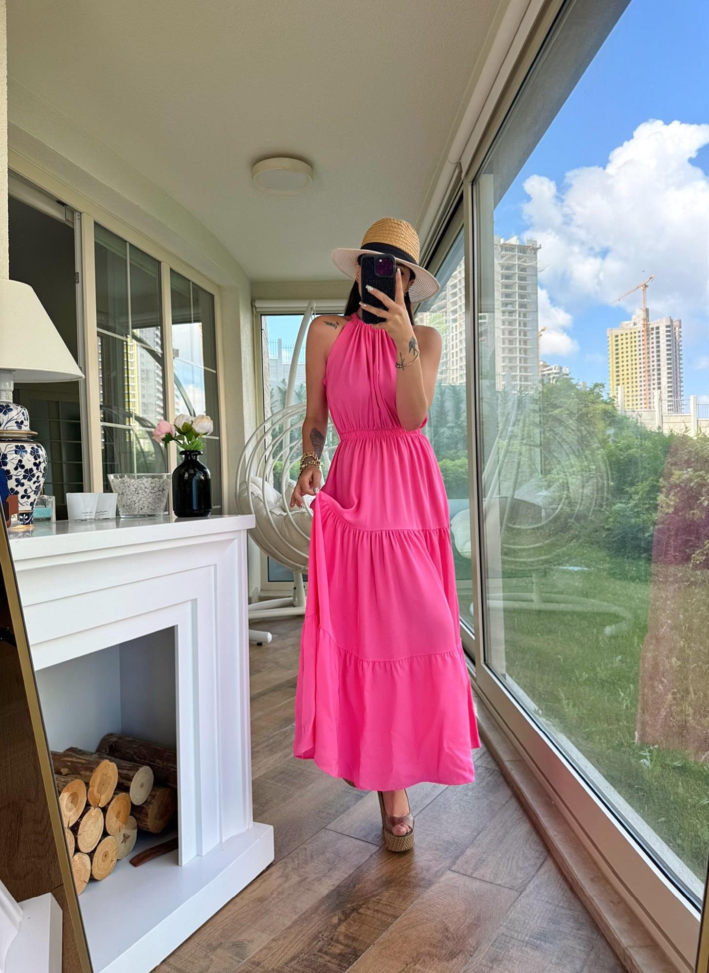 Halter Yaka Pembe Midi Boy Elbise