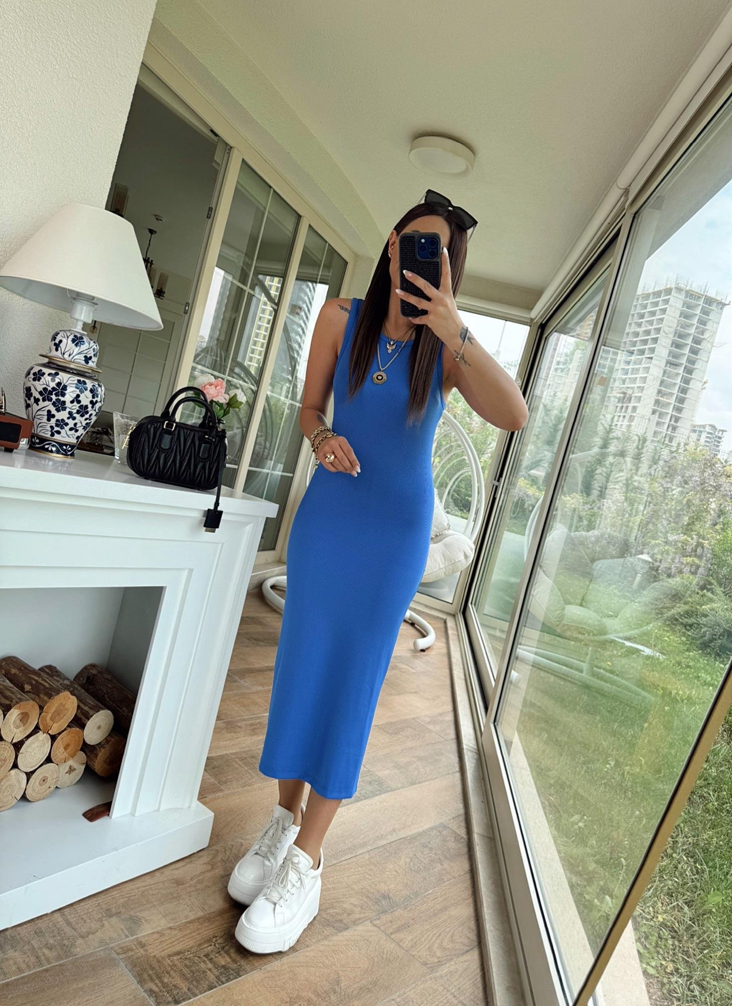 Halter Yaka Saks Mavi Basic Midi Elbise