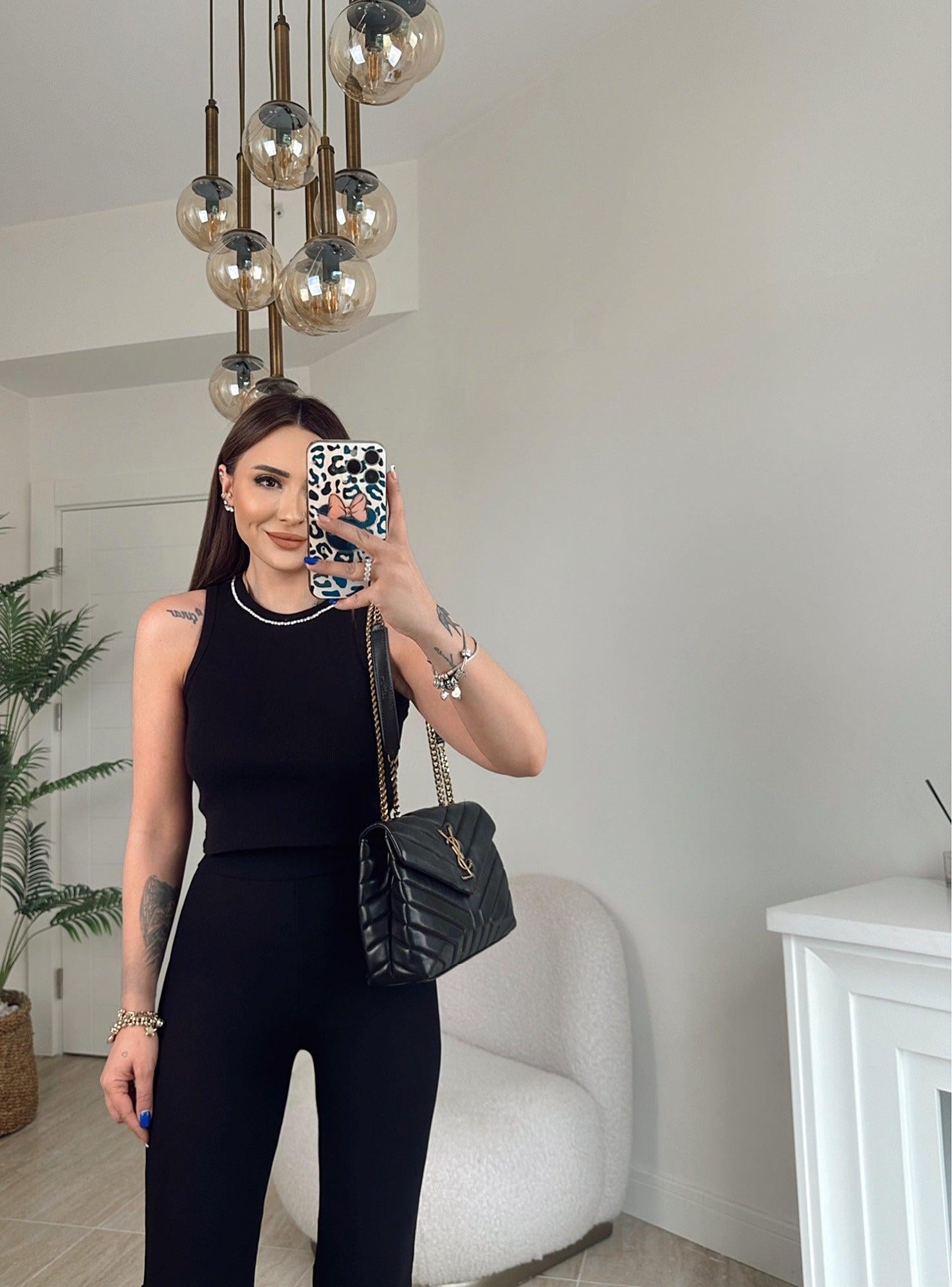 Halter Yaka Taşlı Siyah Crop