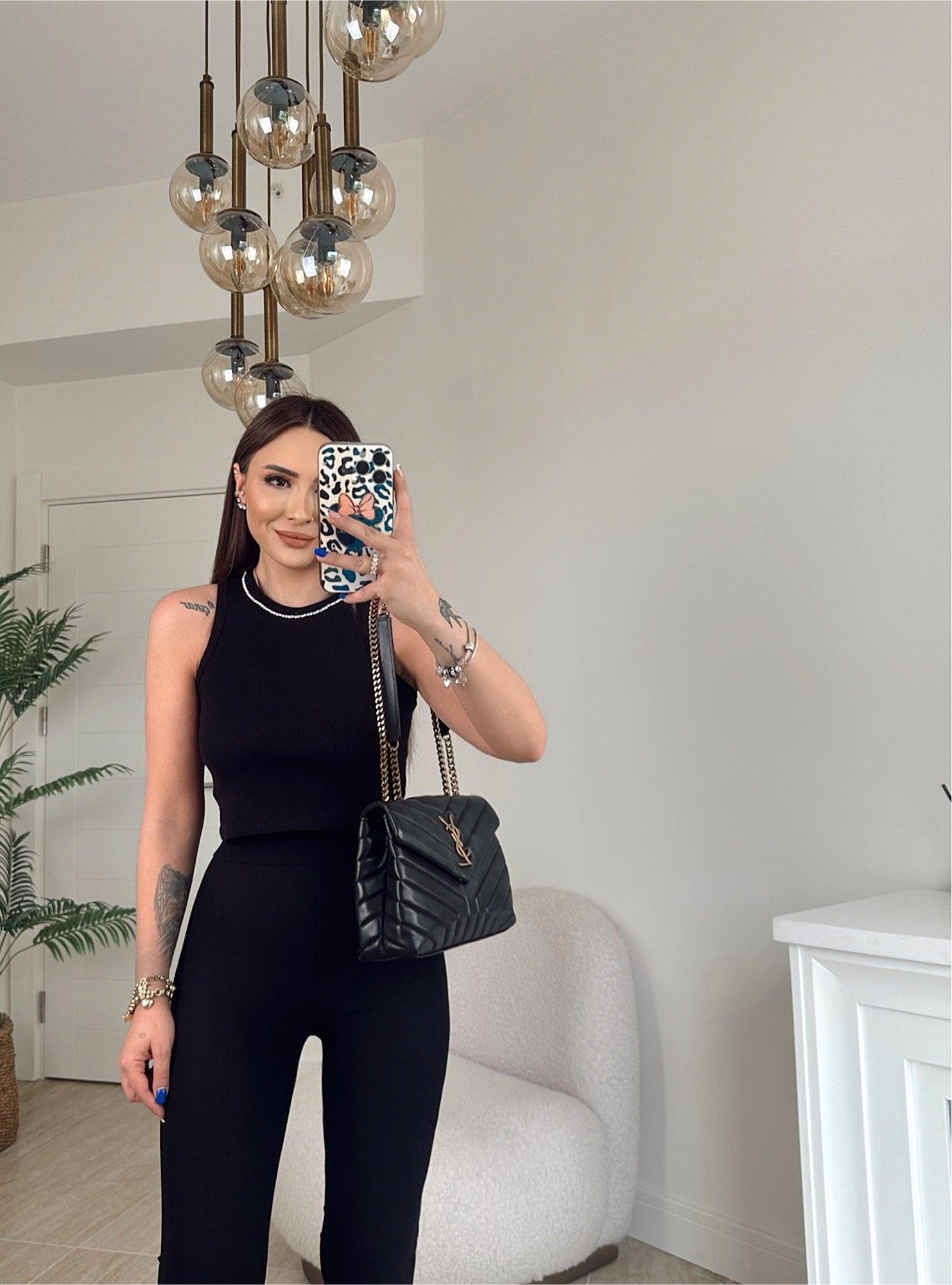 Halter Yaka Taşlı Siyah Crop