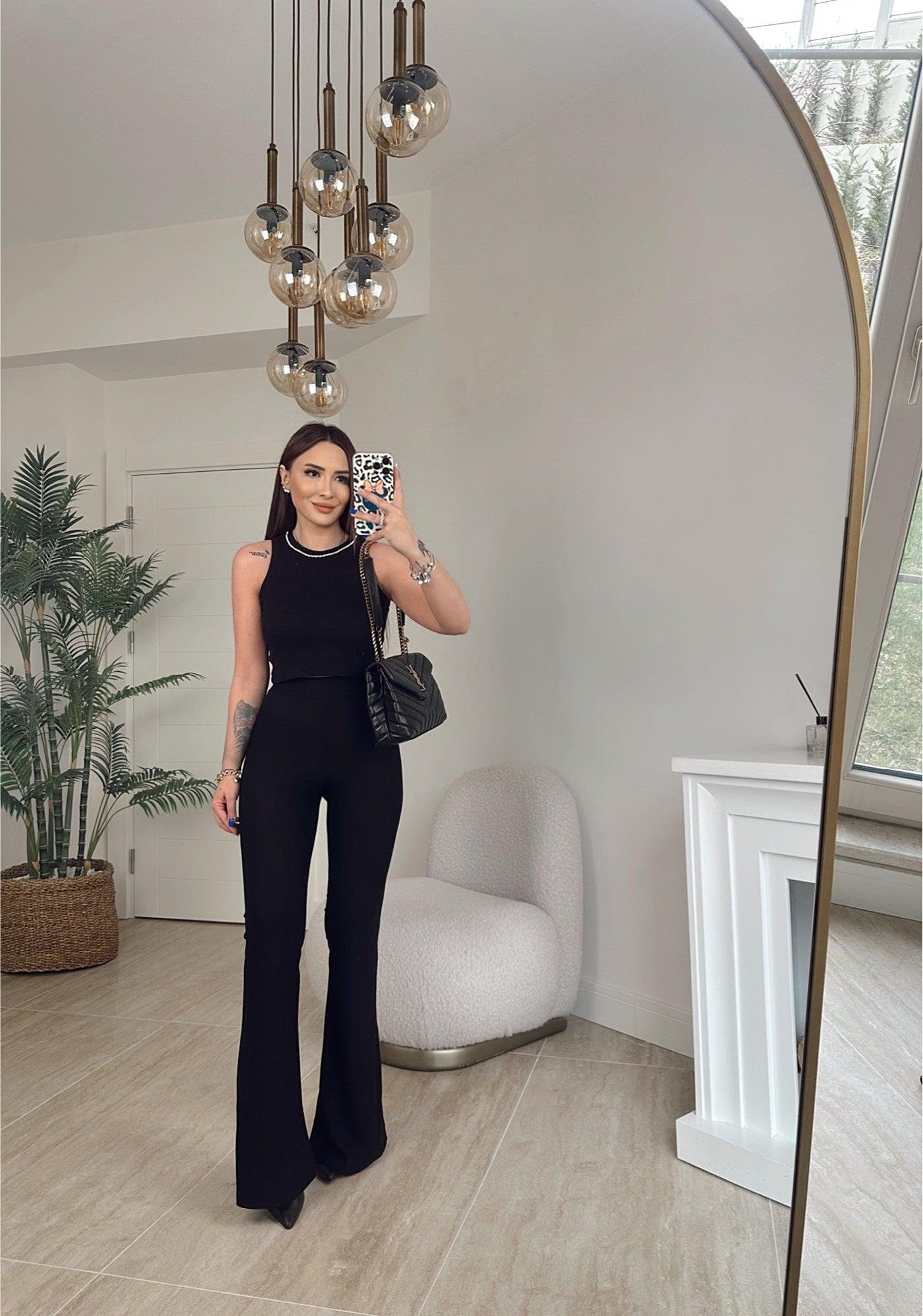 Halter Yaka Taşlı Siyah Crop