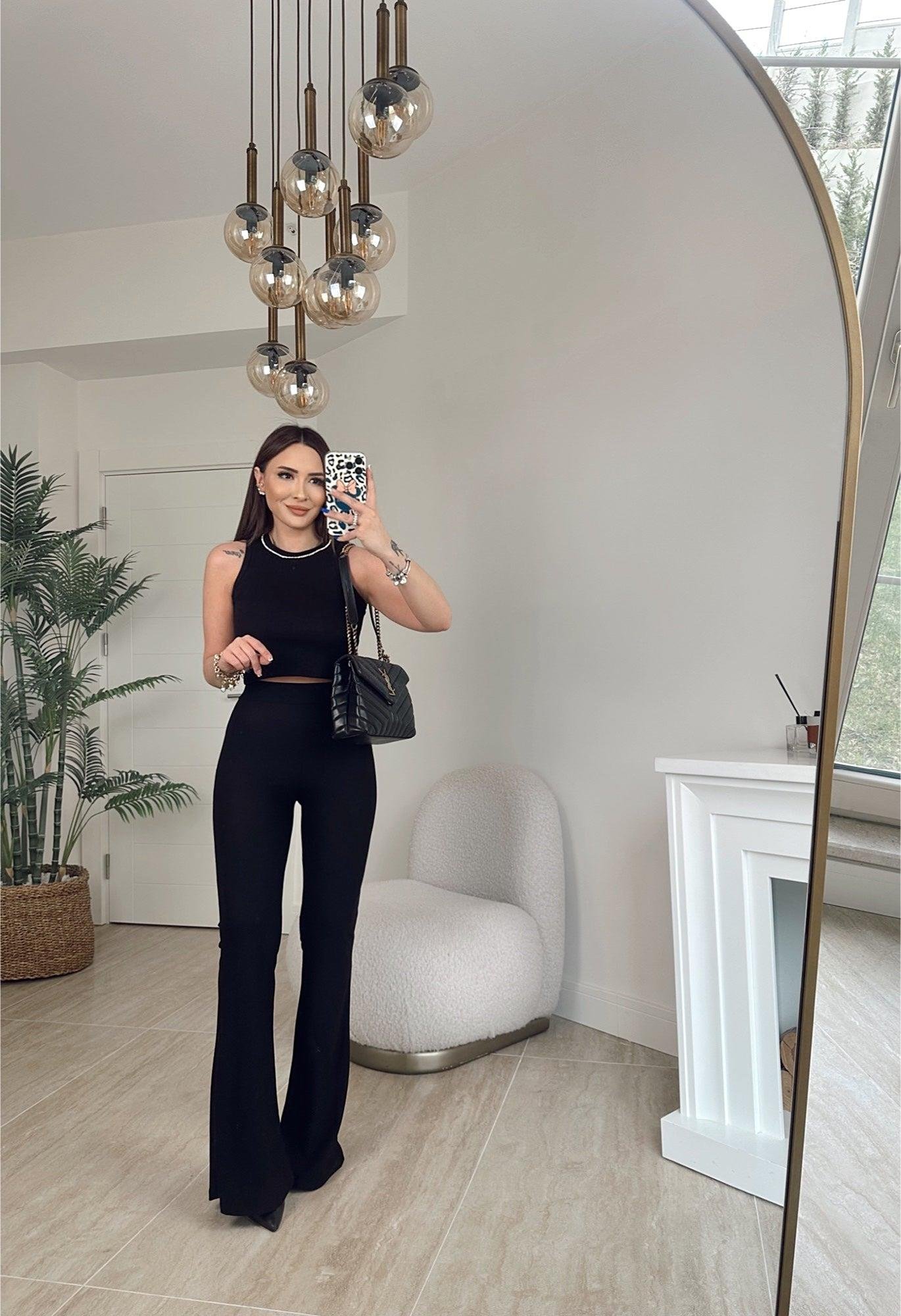 Halter Yaka Taşlı Siyah Crop