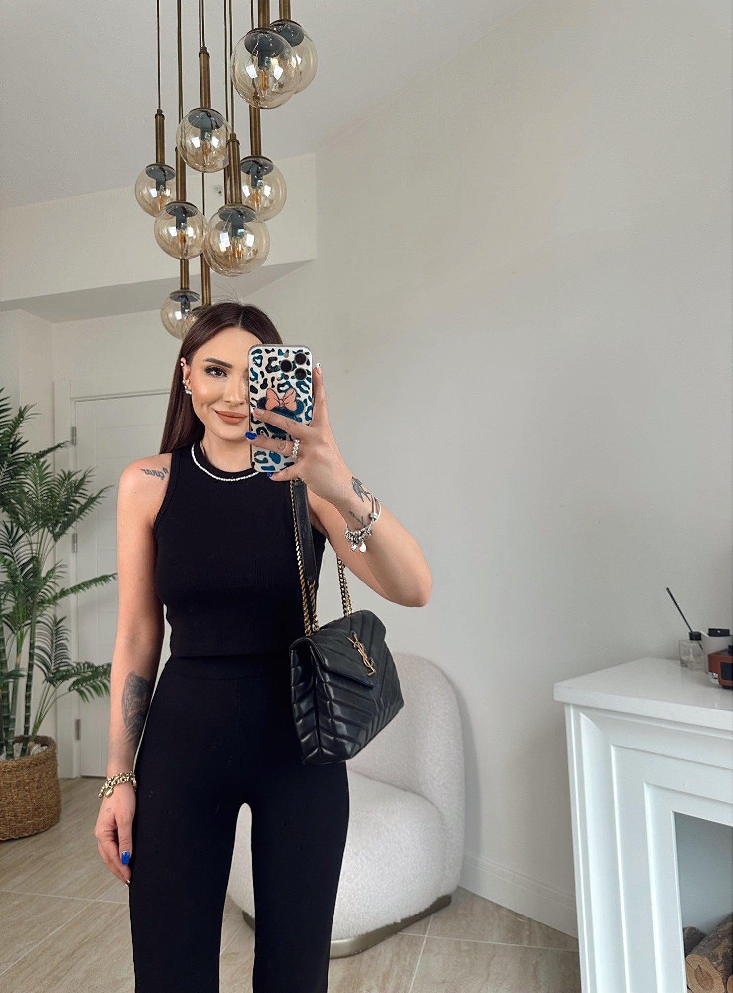 Halter Yaka Taşlı Siyah Crop