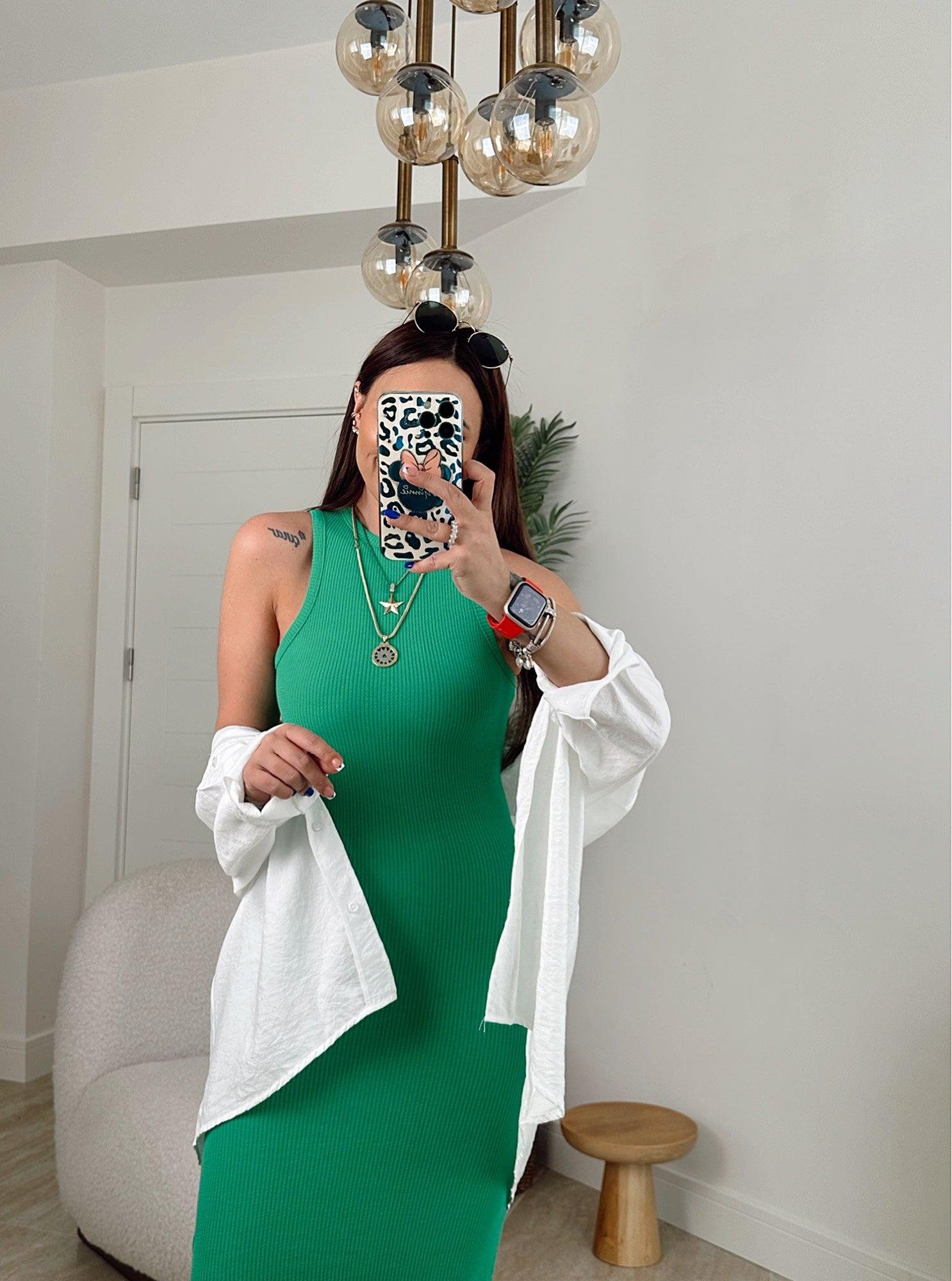 Halter Yaka Tek Yanı Yırtmaçlı Benetton Yeşil Basic Elbise