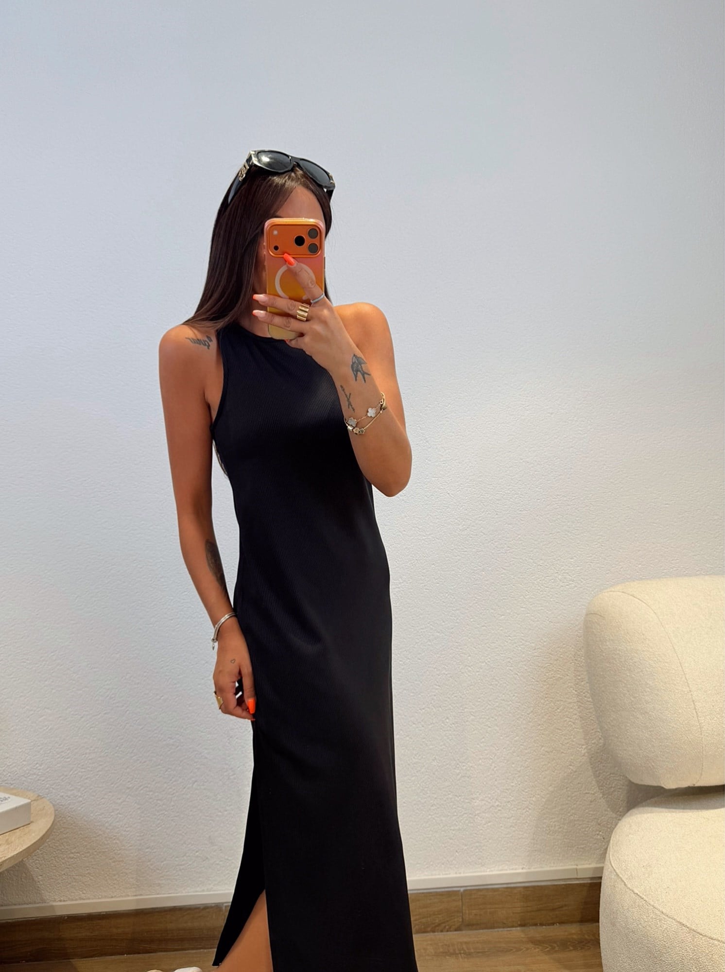 Halter Yaka Tek Yanı Yırtmaçlı Fitilli Siyah Basic Elbise