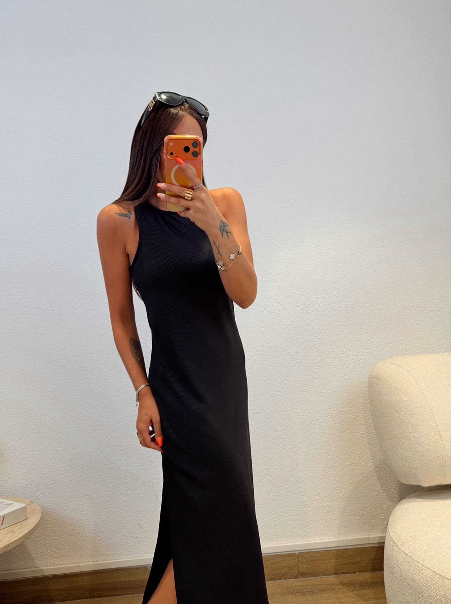 Halter Yaka Tek Yanı Yırtmaçlı Fitilli Siyah Basic Elbise