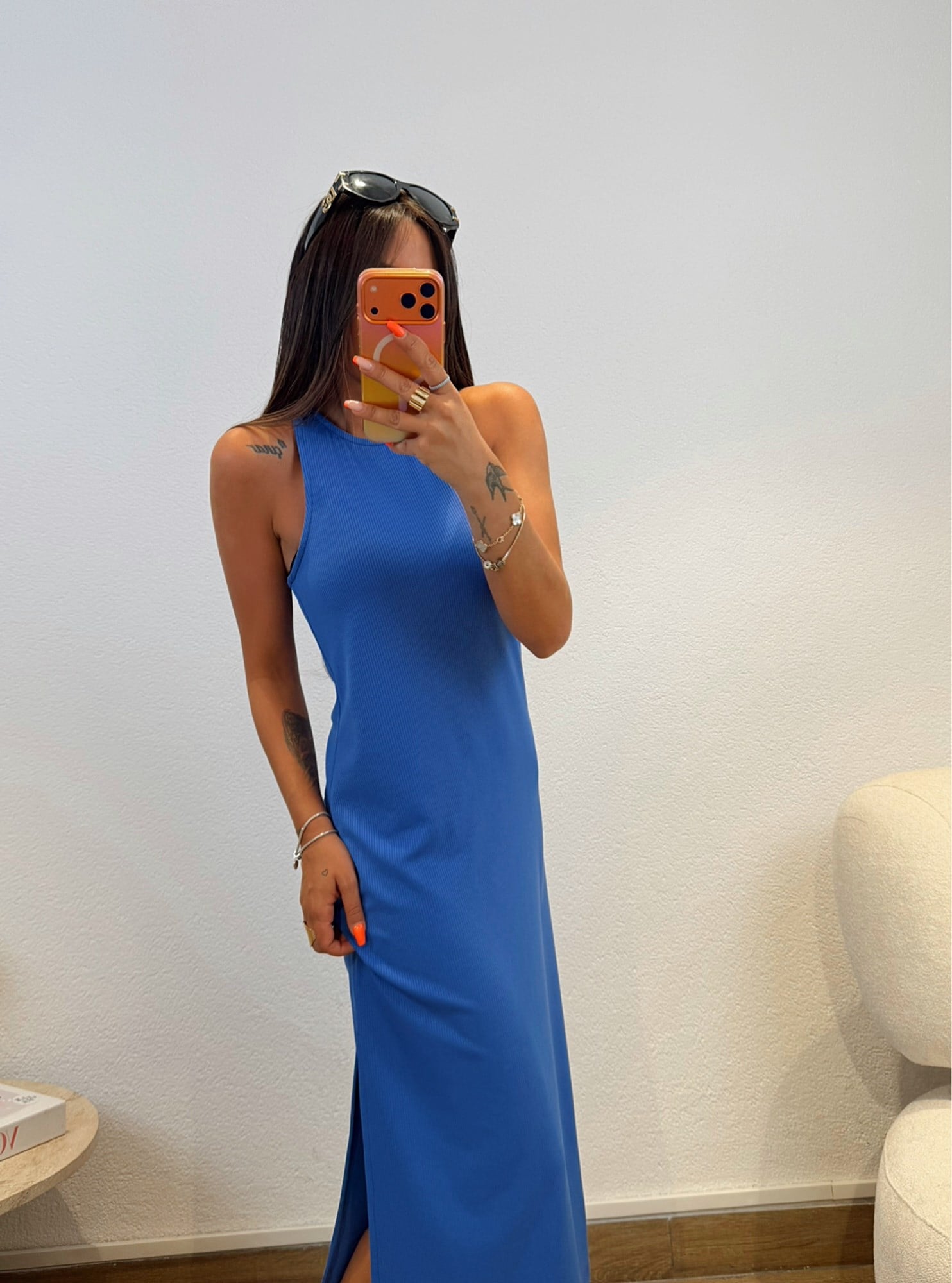 Halter Yaka Tek Yanı Yırtmaçlı Fitilli Mavi Basic Elbise