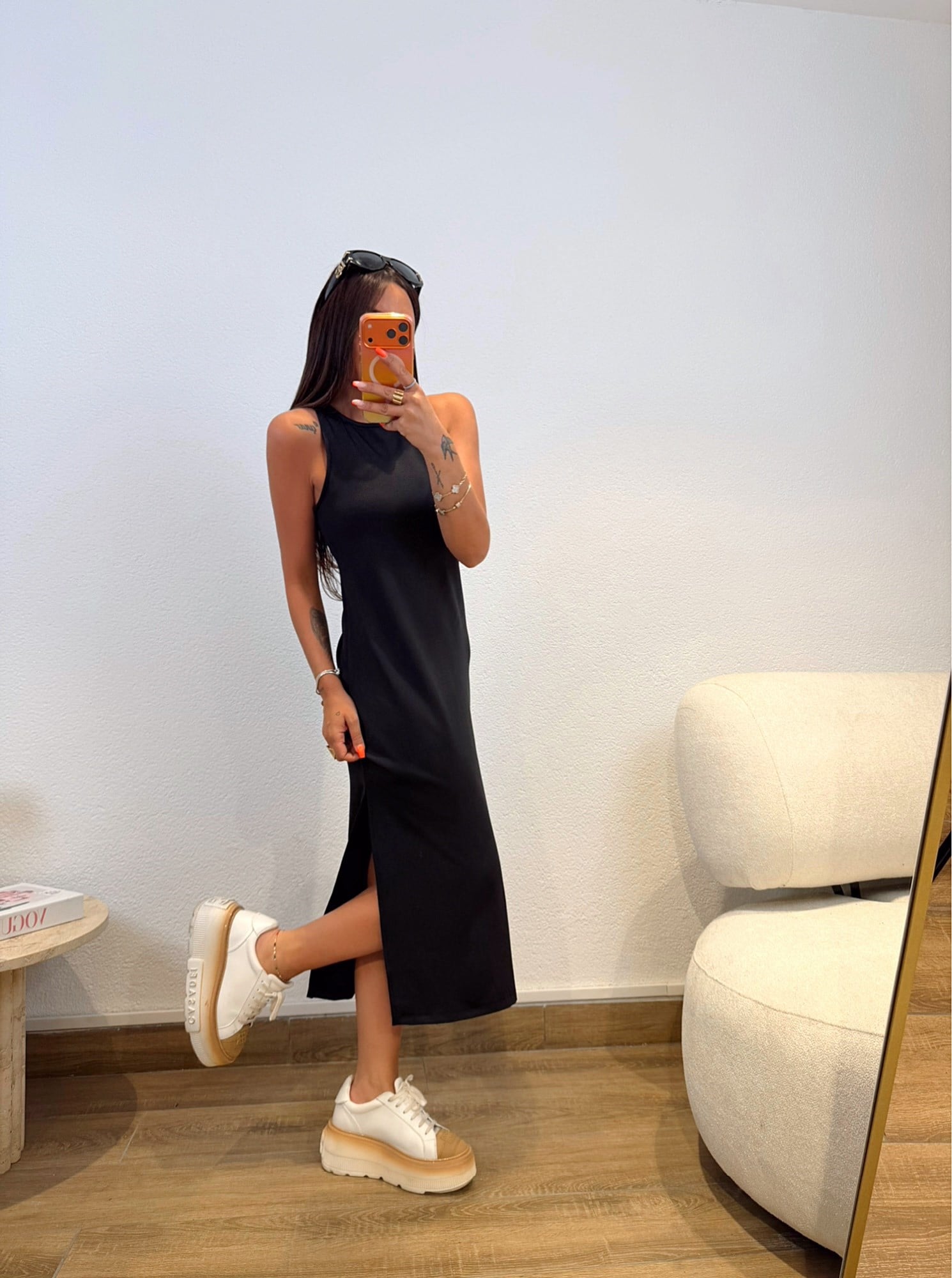Halter Yaka Tek Yanı Yırtmaçlı Fitilli Siyah Basic Elbise