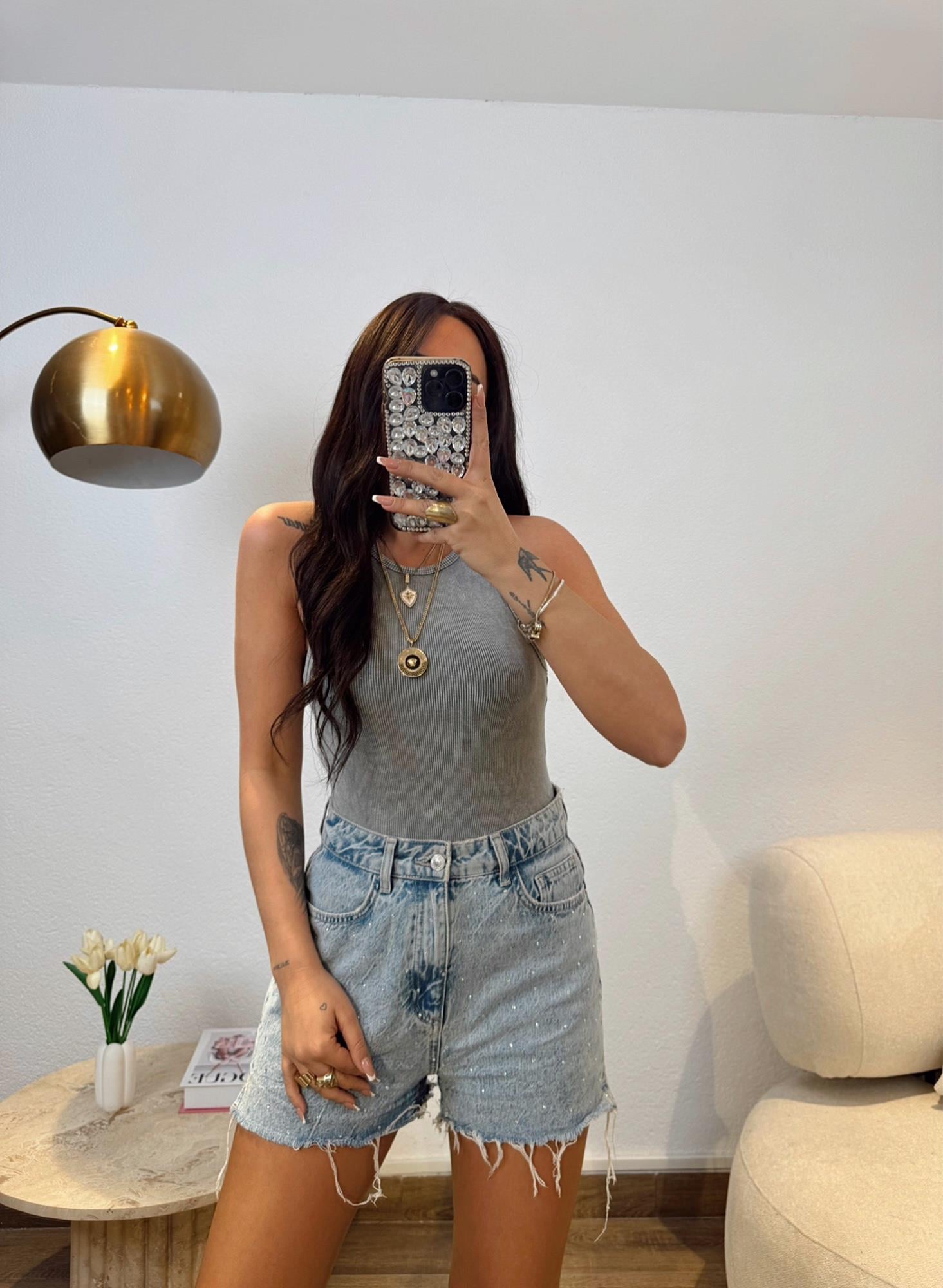 Halter Yaka Yıkamalı Gri Fitilli Badi