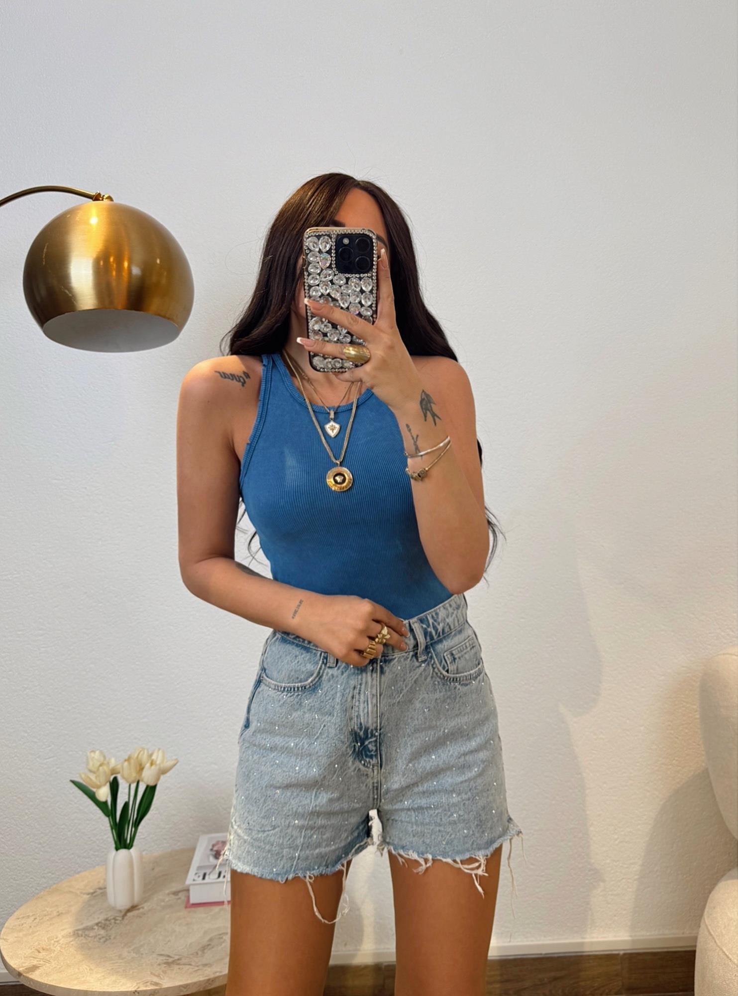 Halter Yaka Yıkamalı Mavi Fitilli Badi