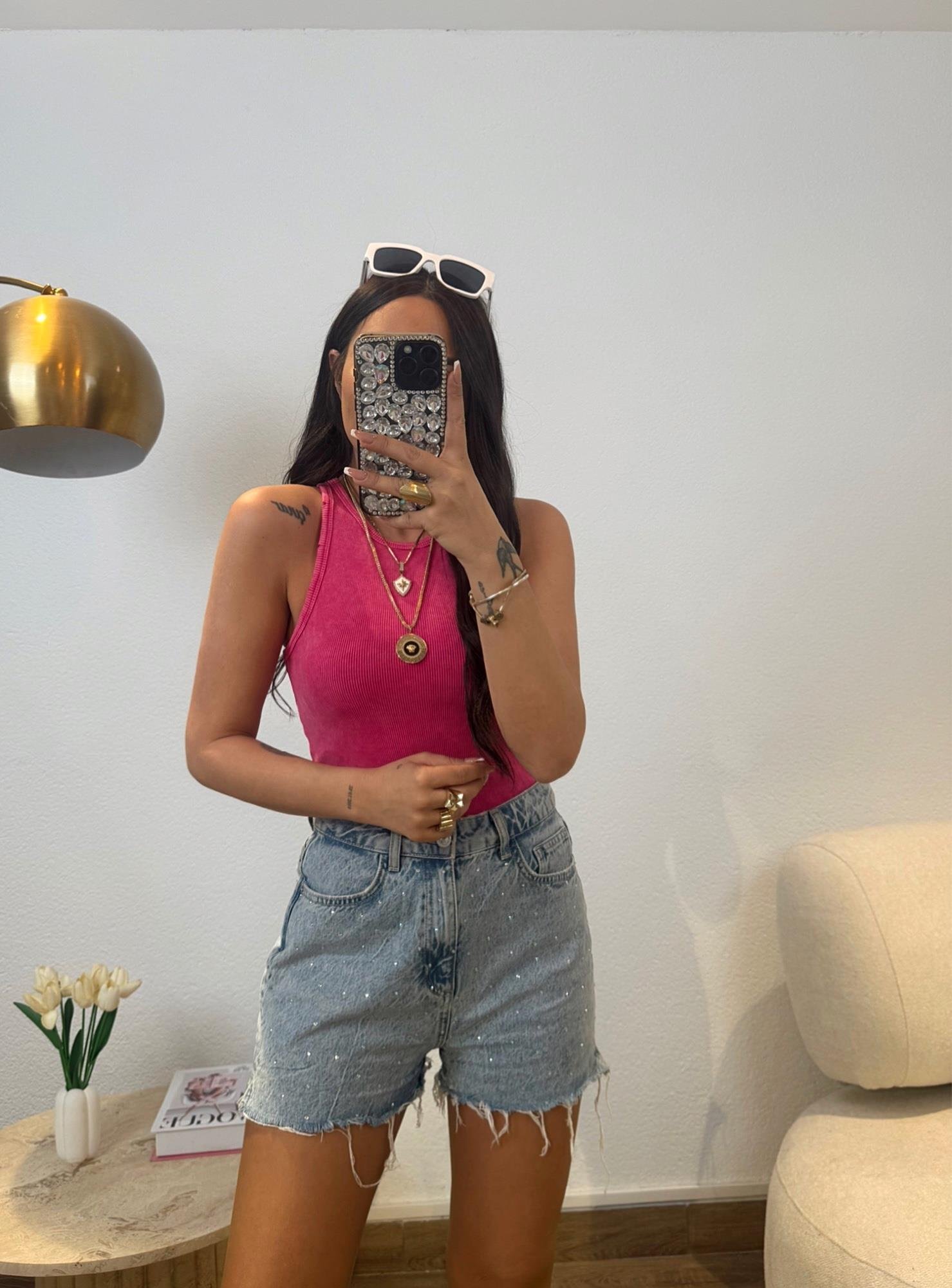 Halter Yaka Yıkamalı Pembe Fitilli Badi