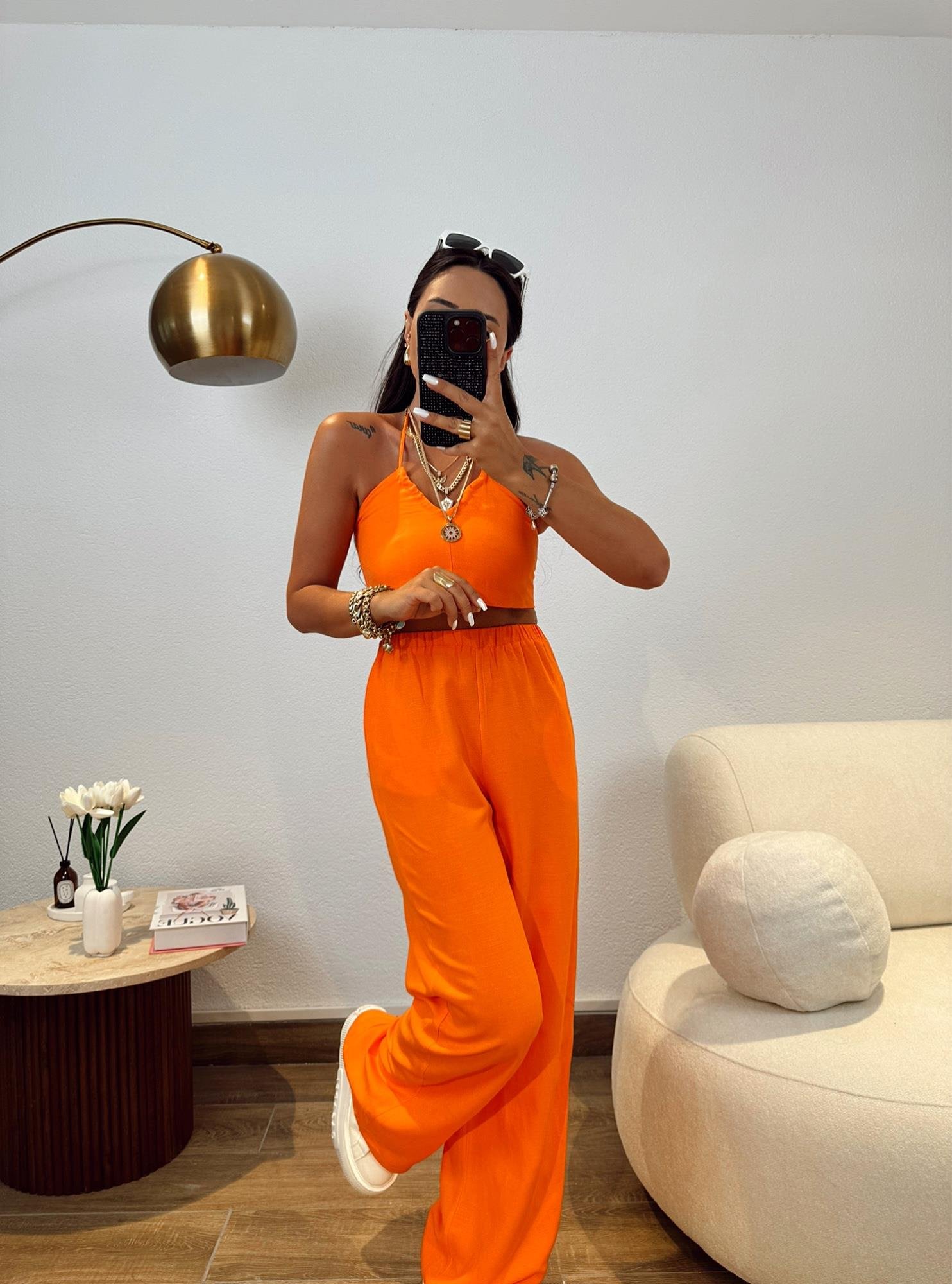Ham Keten Boyundan Bağlamalı Crop&Pantolon Orange Takım