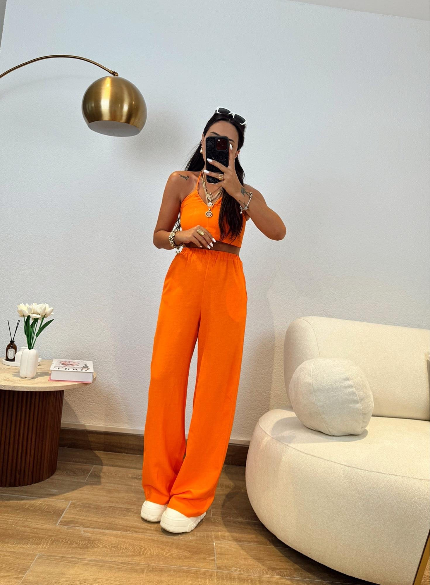 Ham Keten Boyundan Bağlamalı Crop&Pantolon Orange Takım