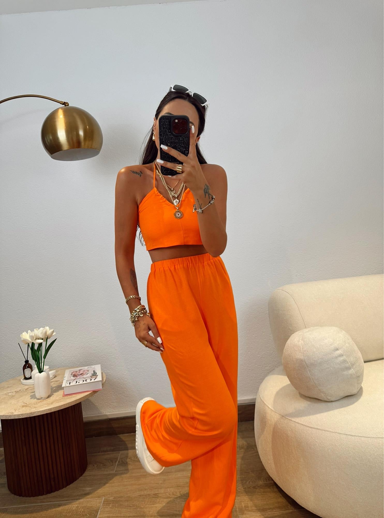 Ham Keten Boyundan Bağlamalı Crop&Pantolon Orange Takım