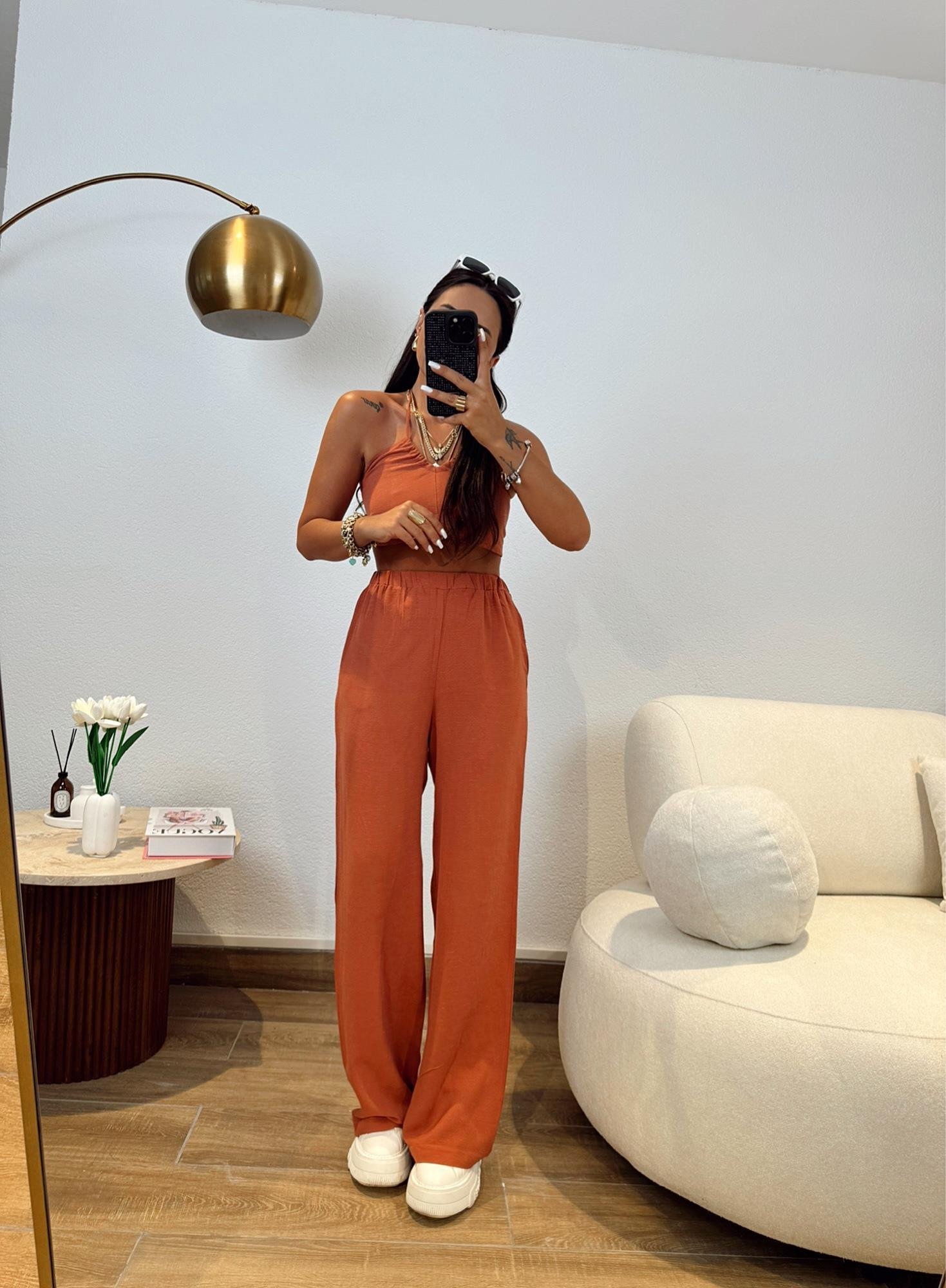 Ham Keten Boyundan Bağlamalı Crop&Pantolon Kiremit Takım
