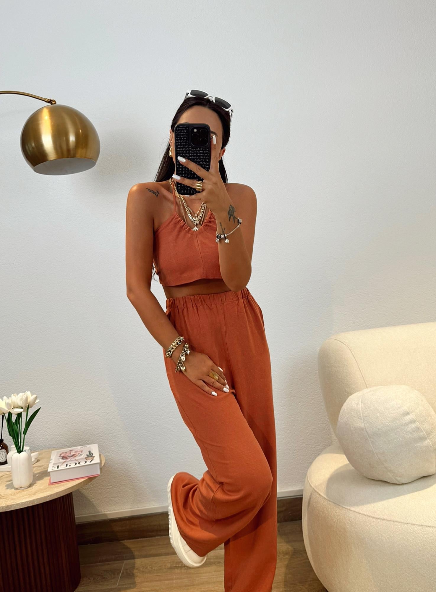 Ham Keten Boyundan Bağlamalı Crop&Pantolon Kiremit Takım