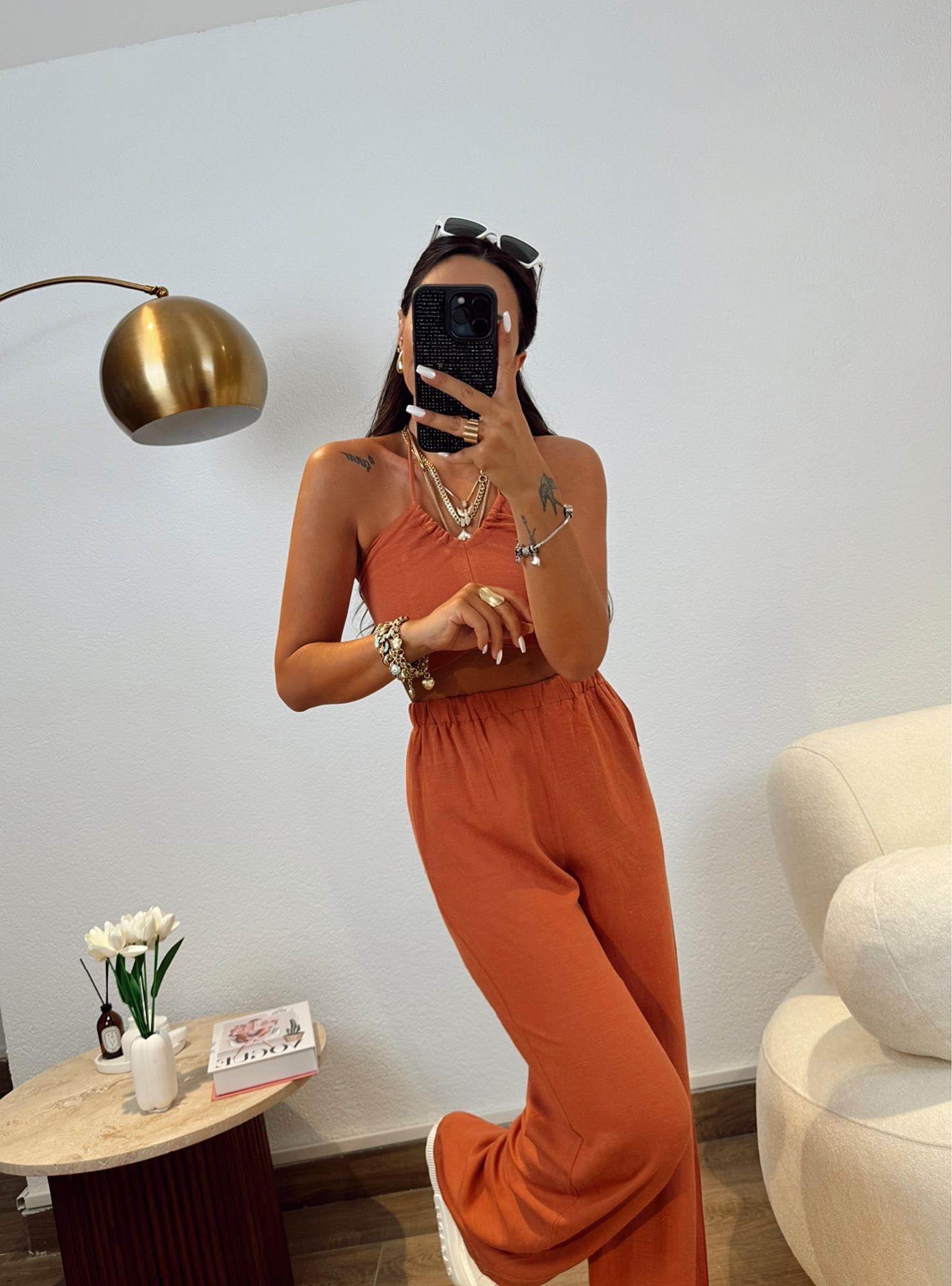 Ham Keten Boyundan Bağlamalı Crop&Pantolon Kiremit Takım