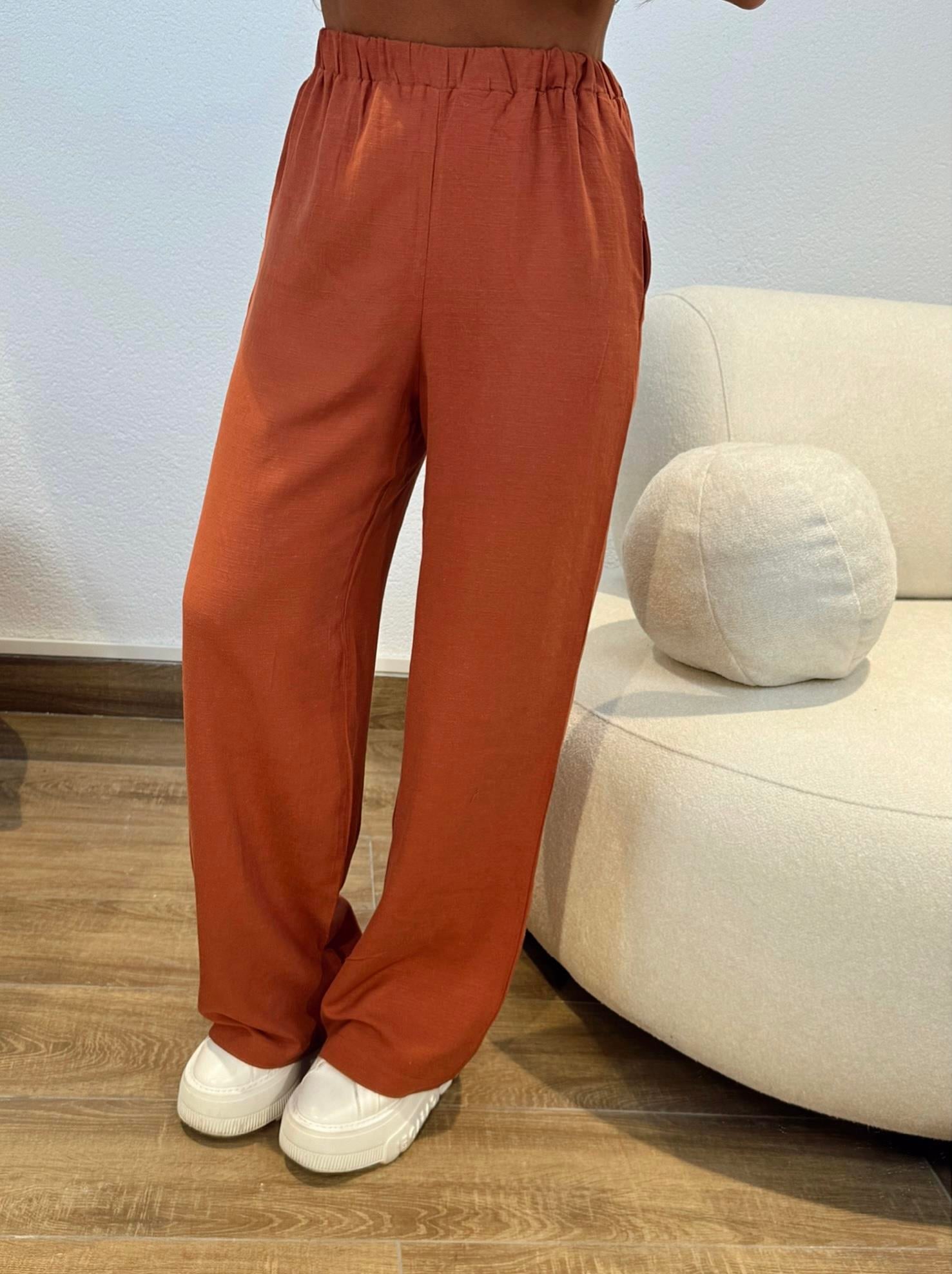Ham Keten Boyundan Bağlamalı Crop&Pantolon Kiremit Takım