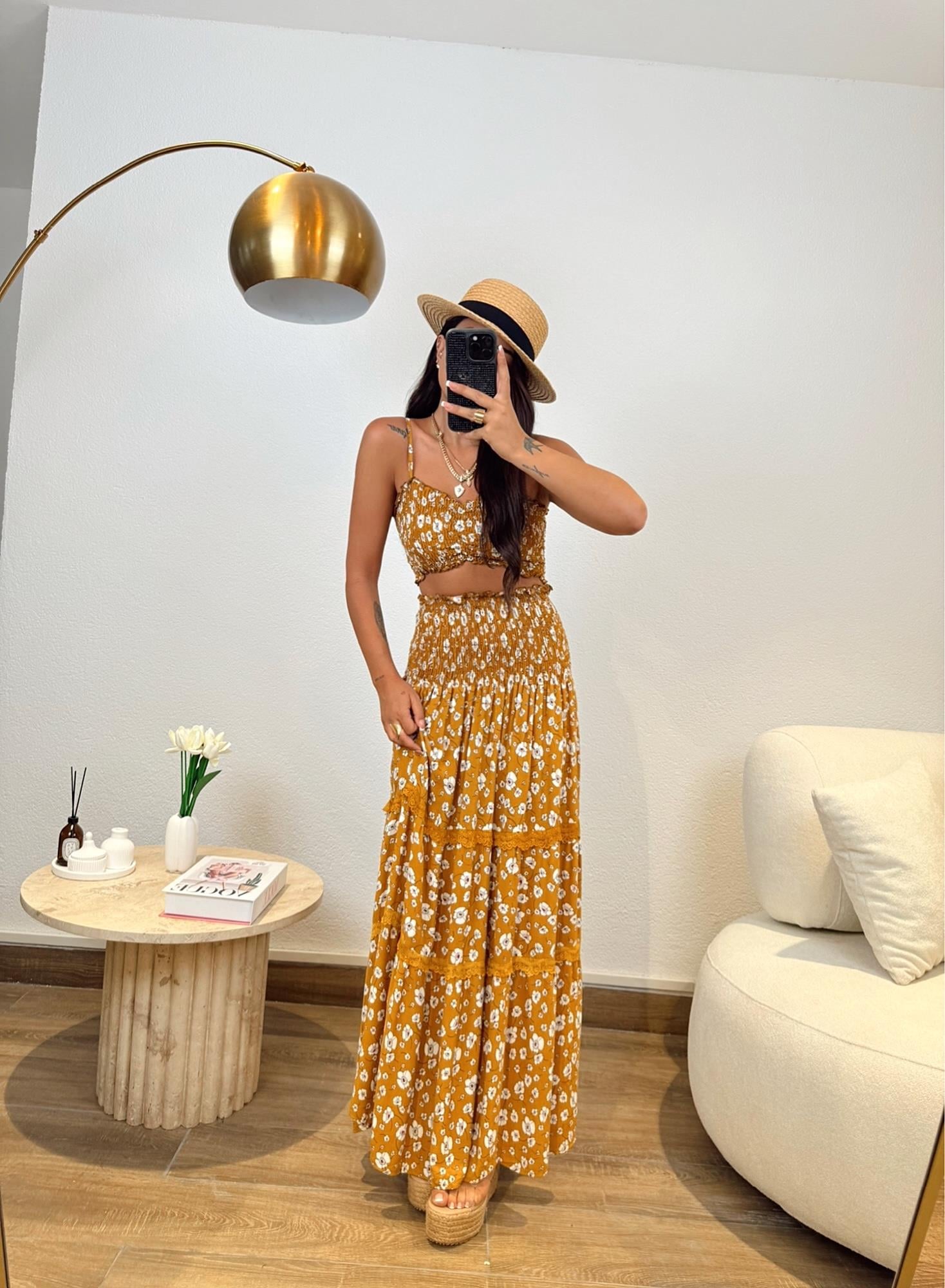 Hardal Desenli Crop&Etek Takım
