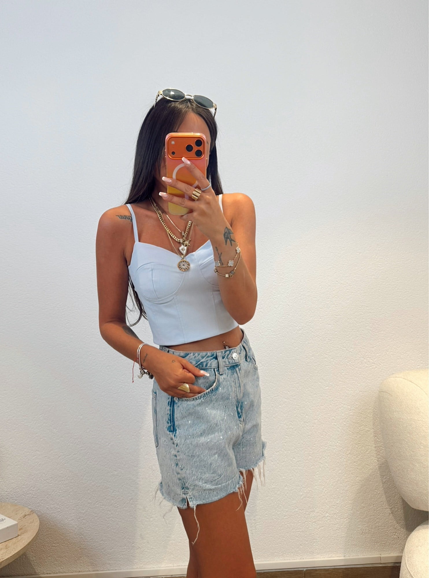 İp Askılı Bebe Mavi Keten Crop
