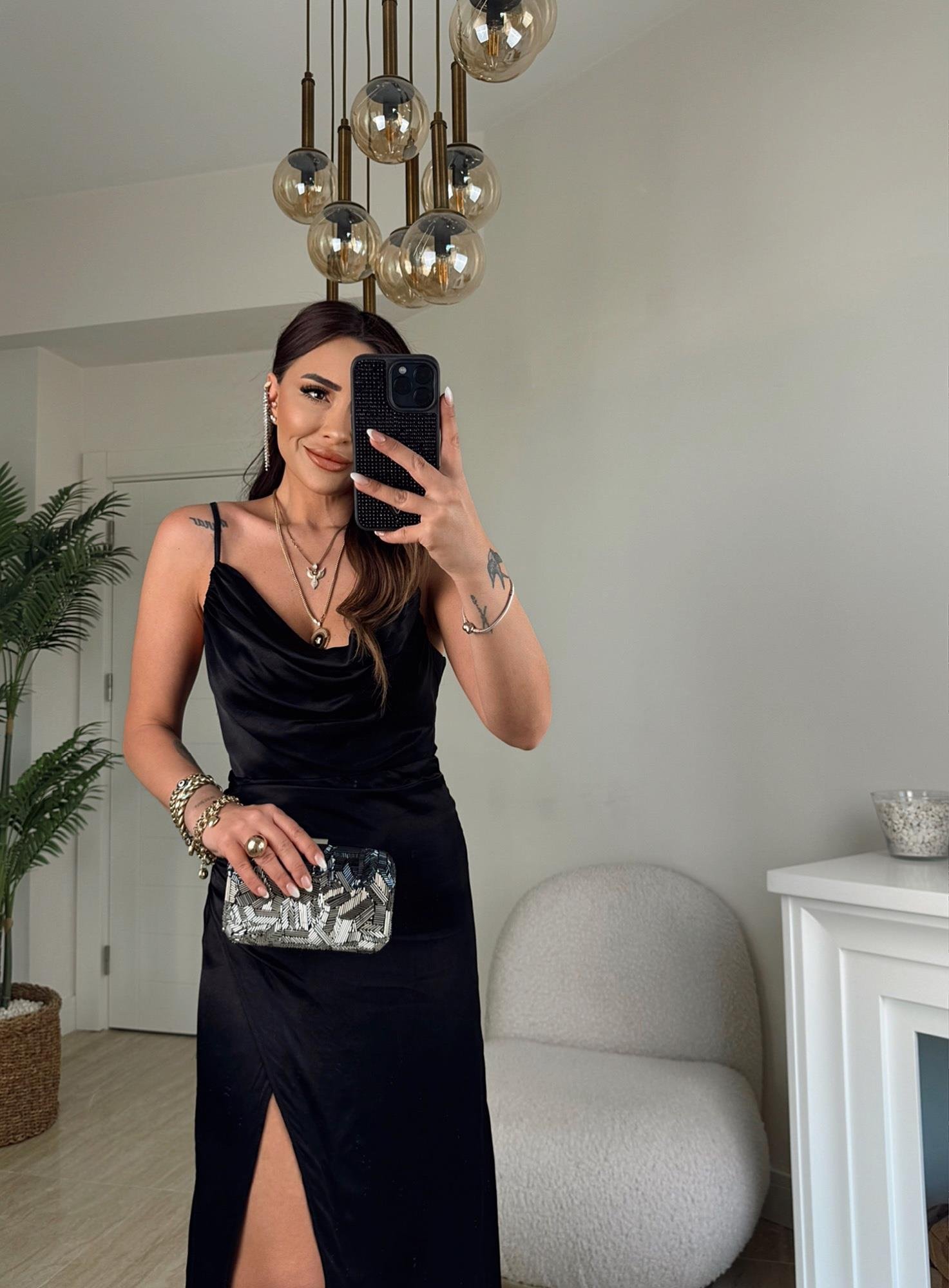 İp Askılı Derin Yırtmaçlı Degaje Saten Elbise