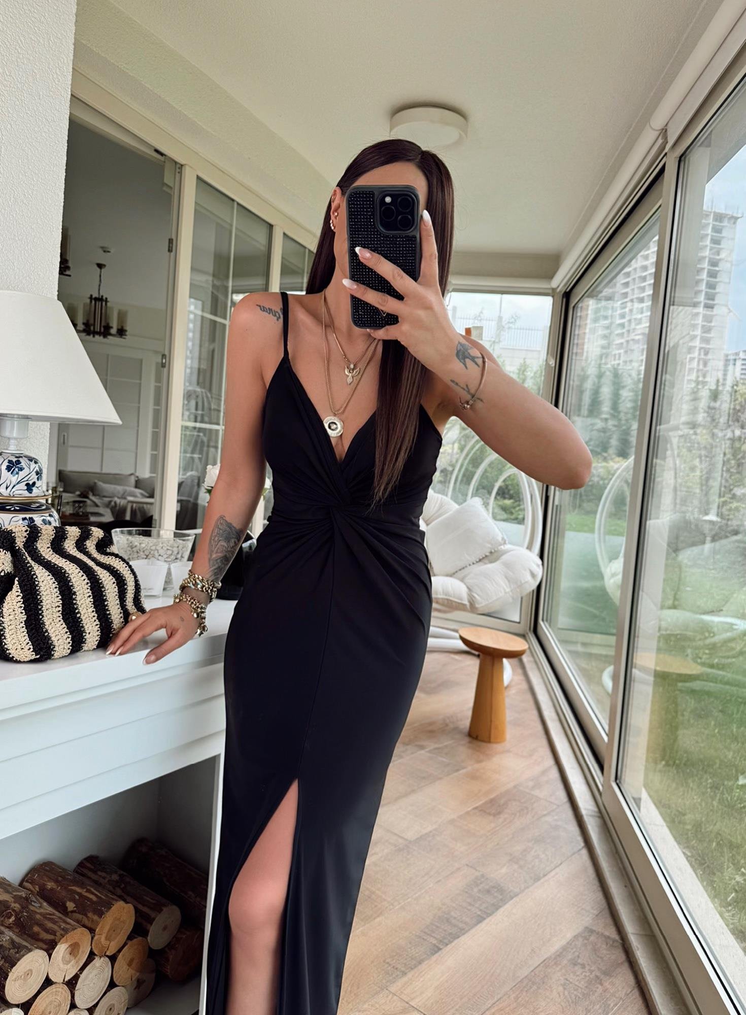 İp Askılı Düğümlü Yırtmaçlı Sandy Maxi Elbise