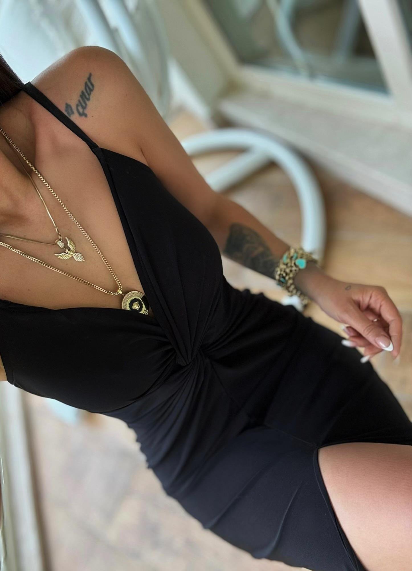 İp Askılı Düğümlü Yırtmaçlı Sandy Maxi Elbise