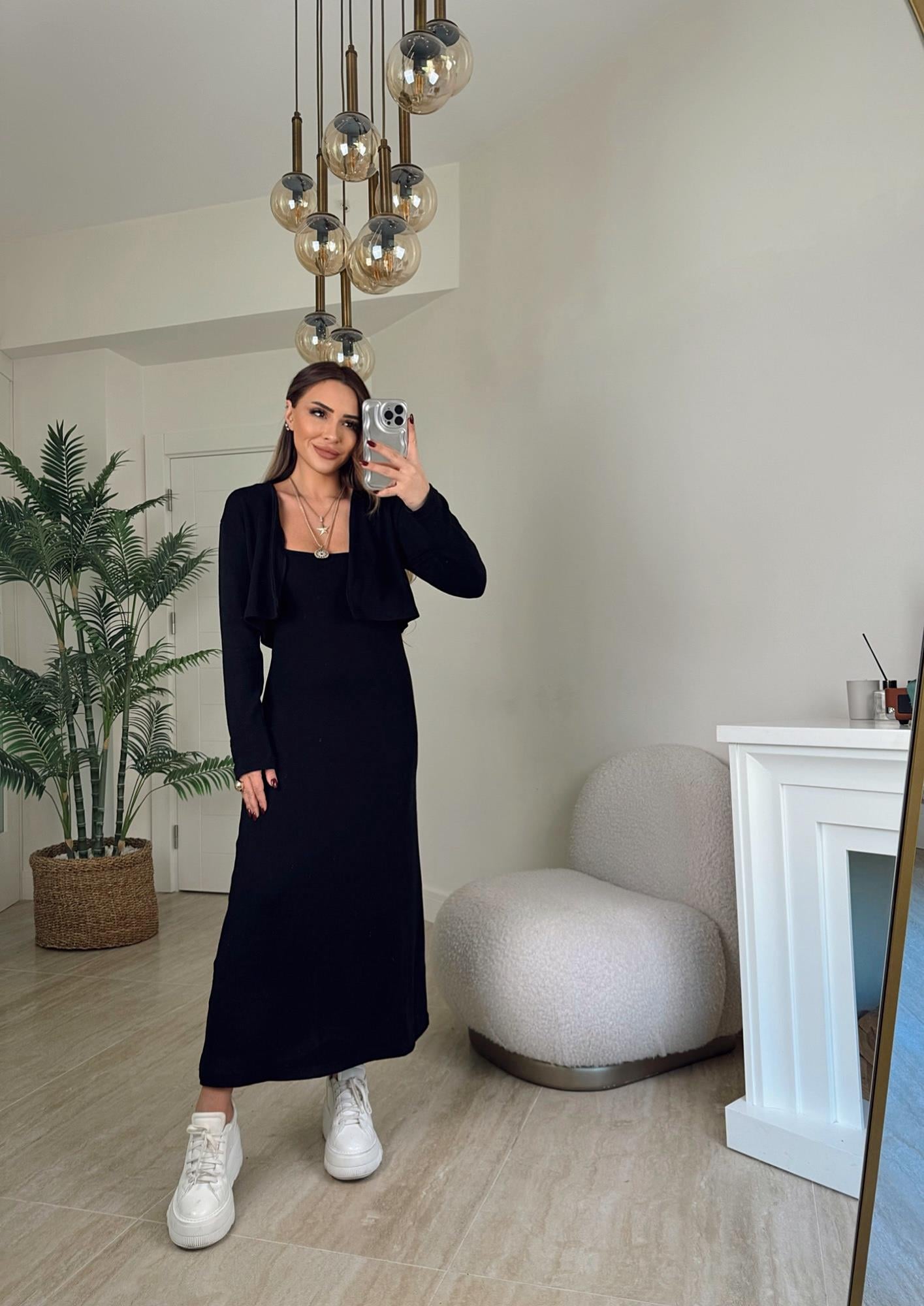 İp Askılı Elbise V Hırka Triko Takım