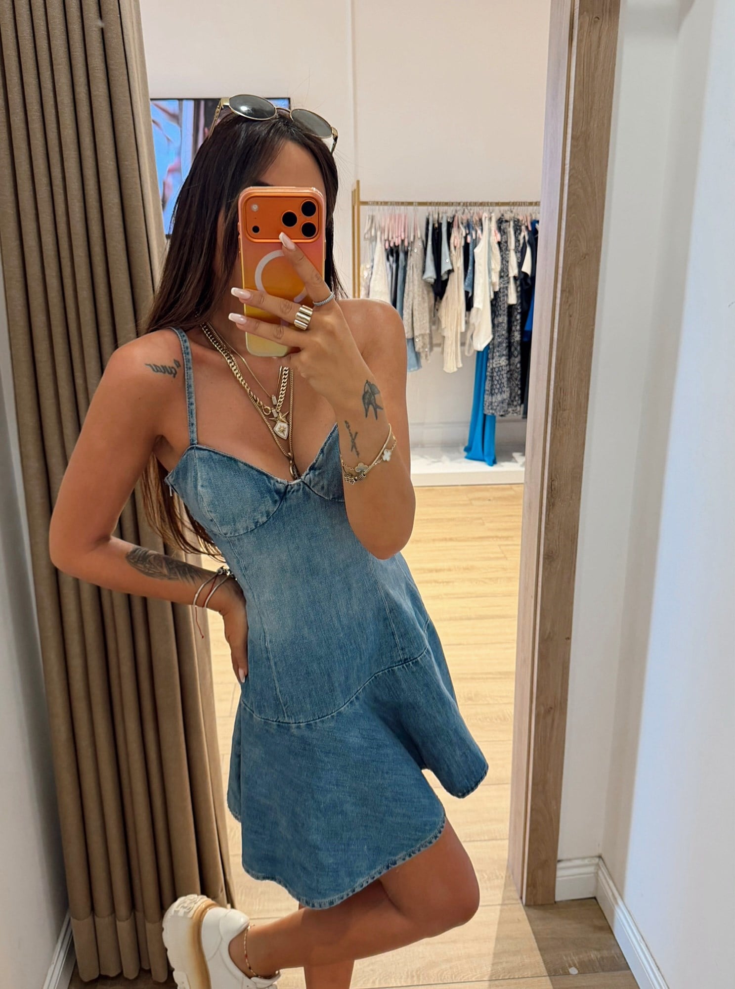 İp Askılı Jean Mini Elbise