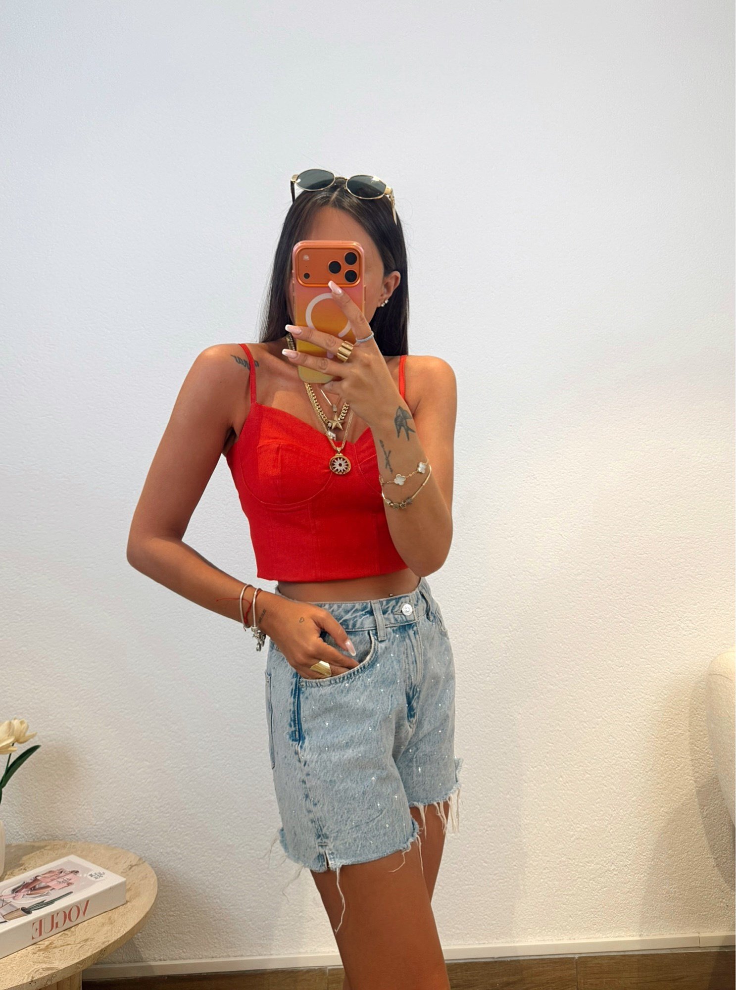 İp Askılı Kırmızı Keten Crop