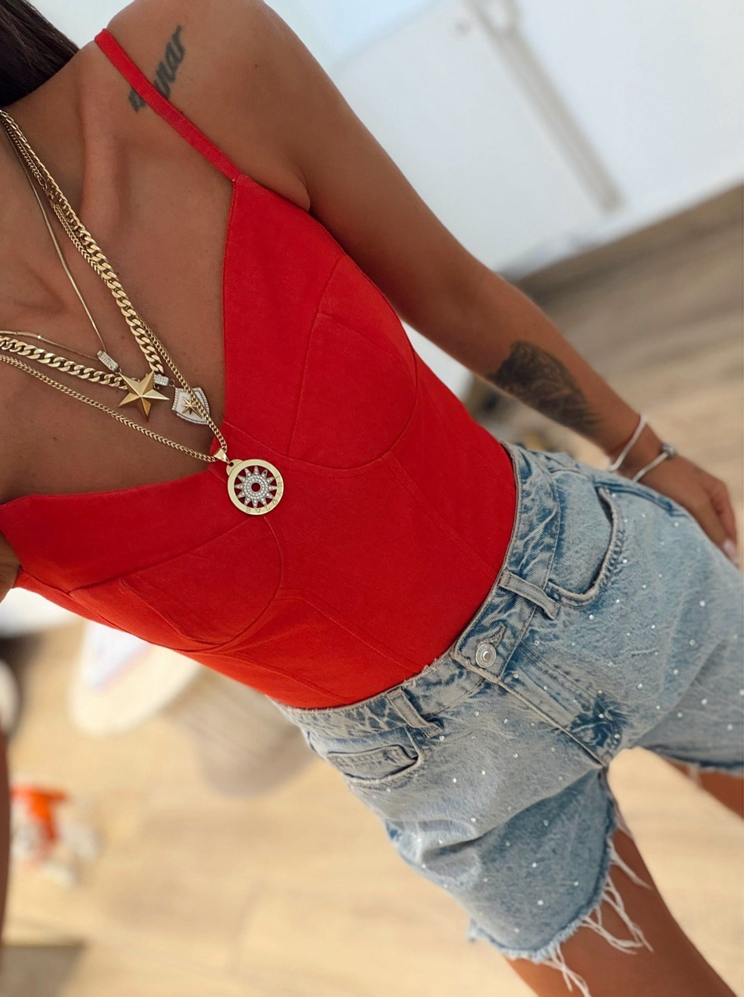İp Askılı Kırmızı Keten Crop