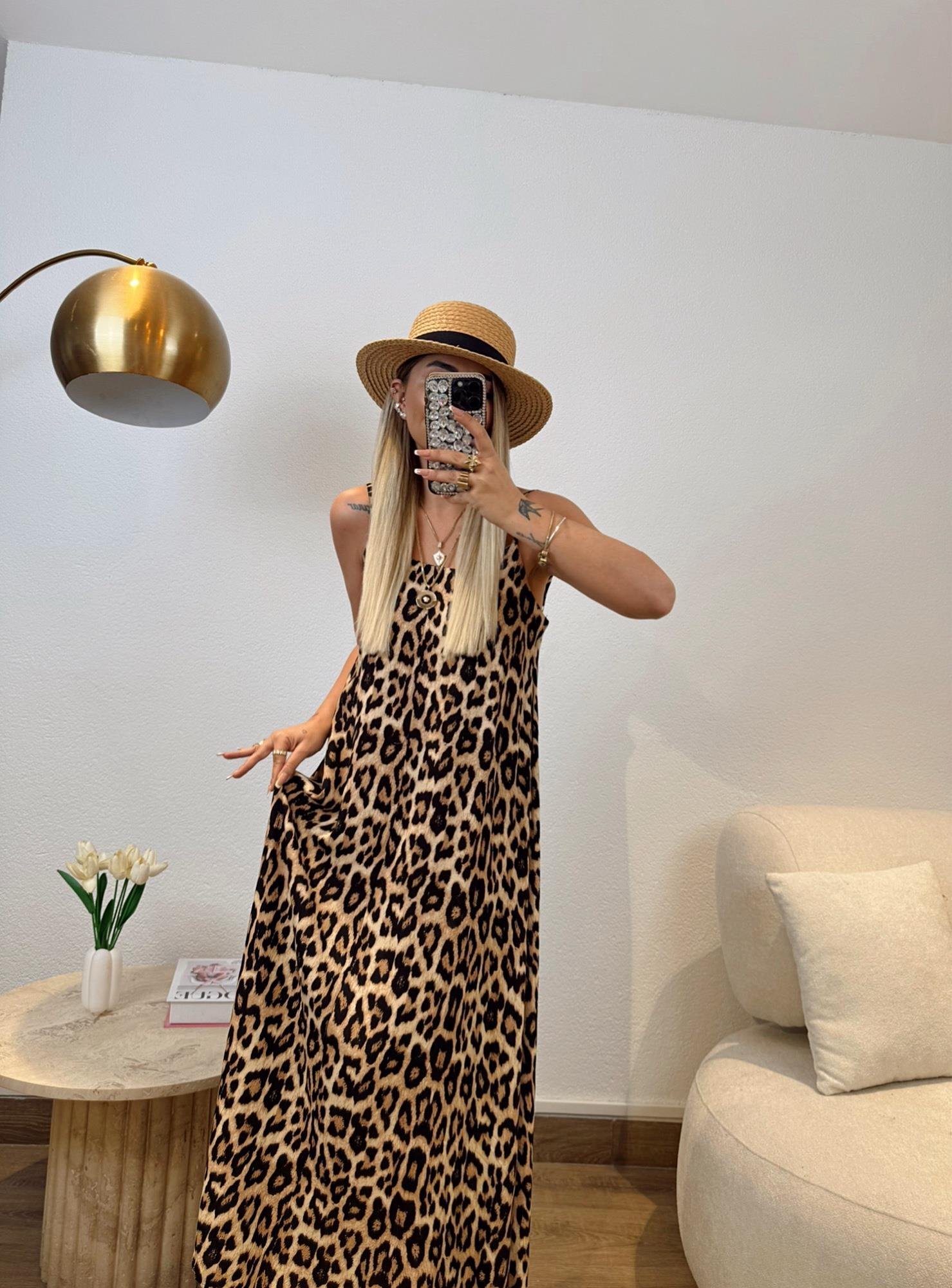 İp Askılı Leopar  Desen Salaş Elbise