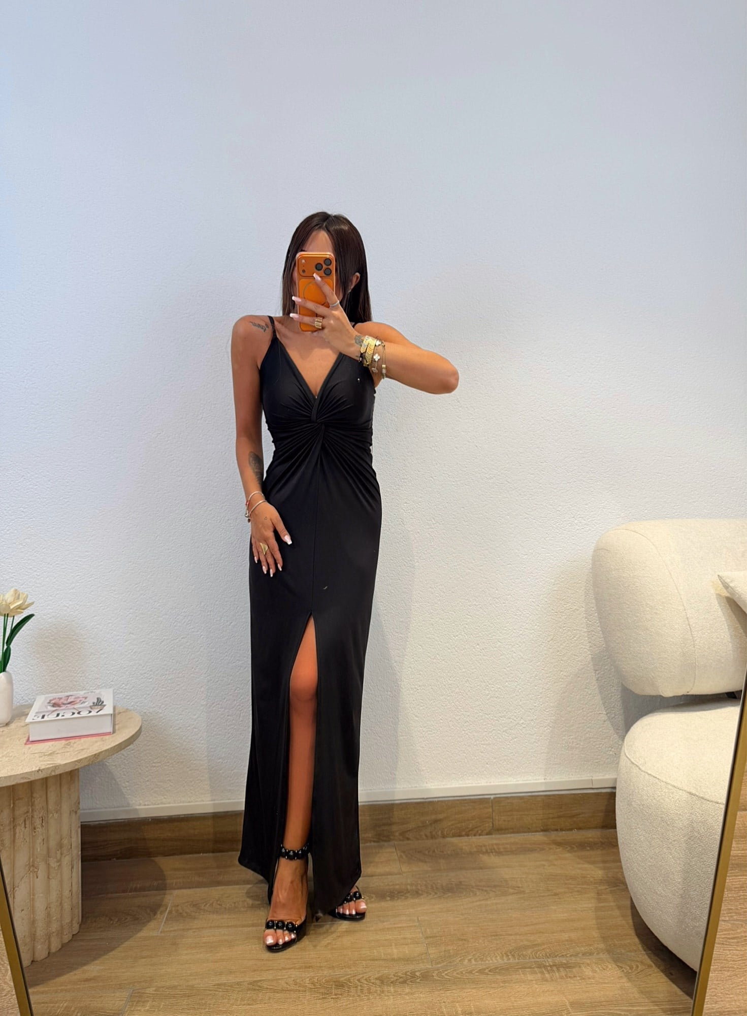 İp Askılı Önden Yırtmaçlı Düğümlü Midi Elbise
