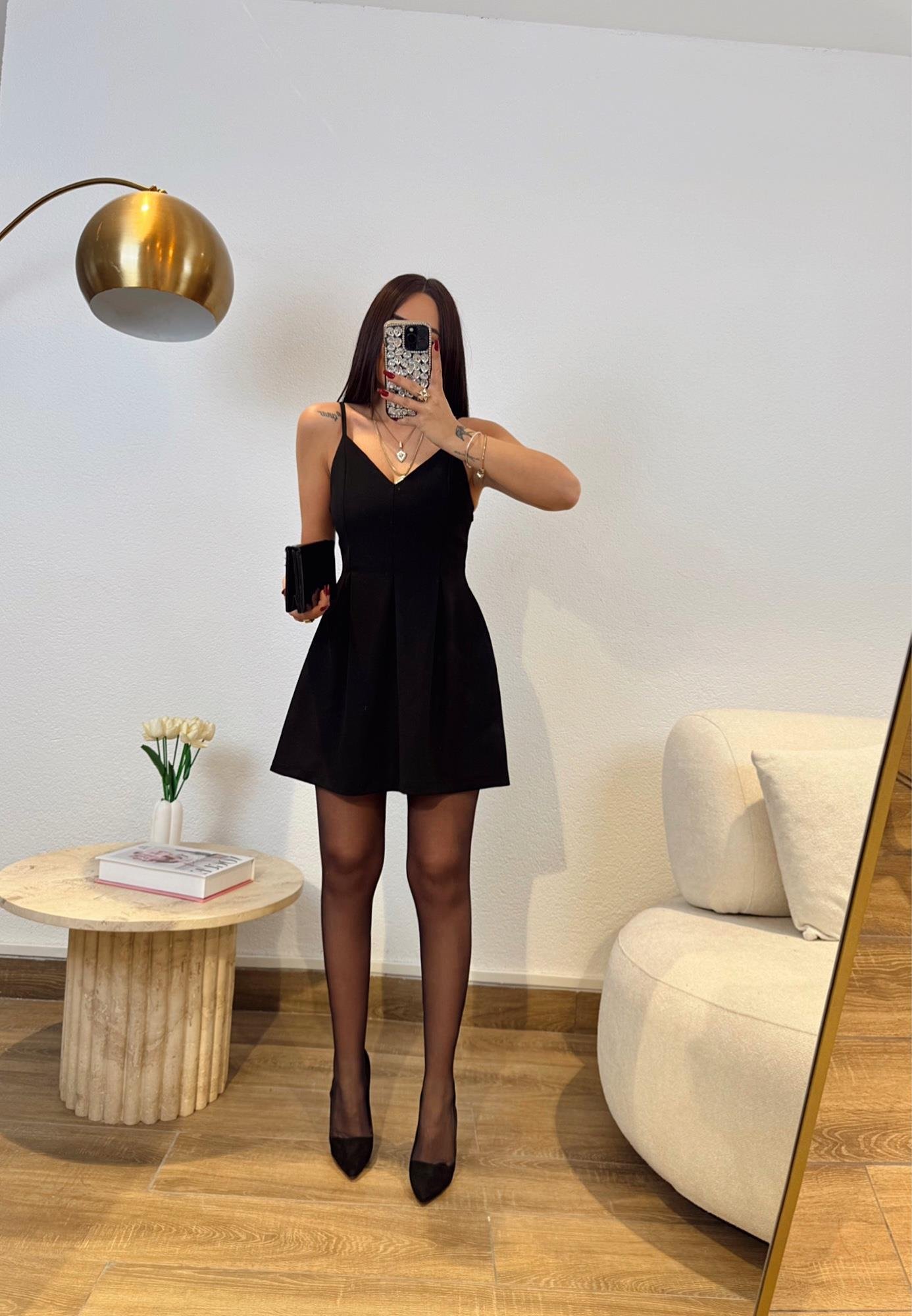 İp Askılı Pileli Mini Crep Elbise