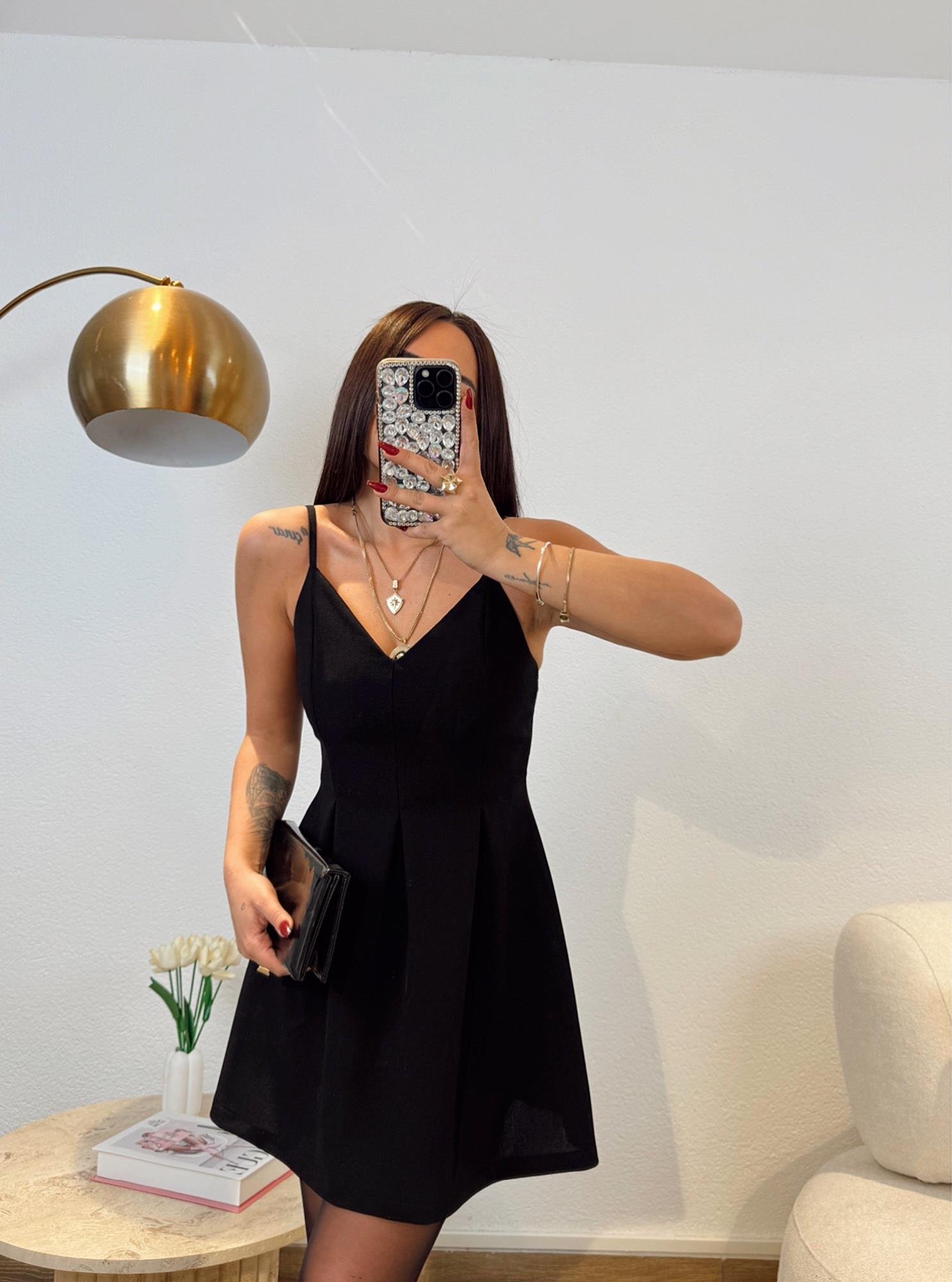 İp Askılı Pileli Mini Crep Elbise