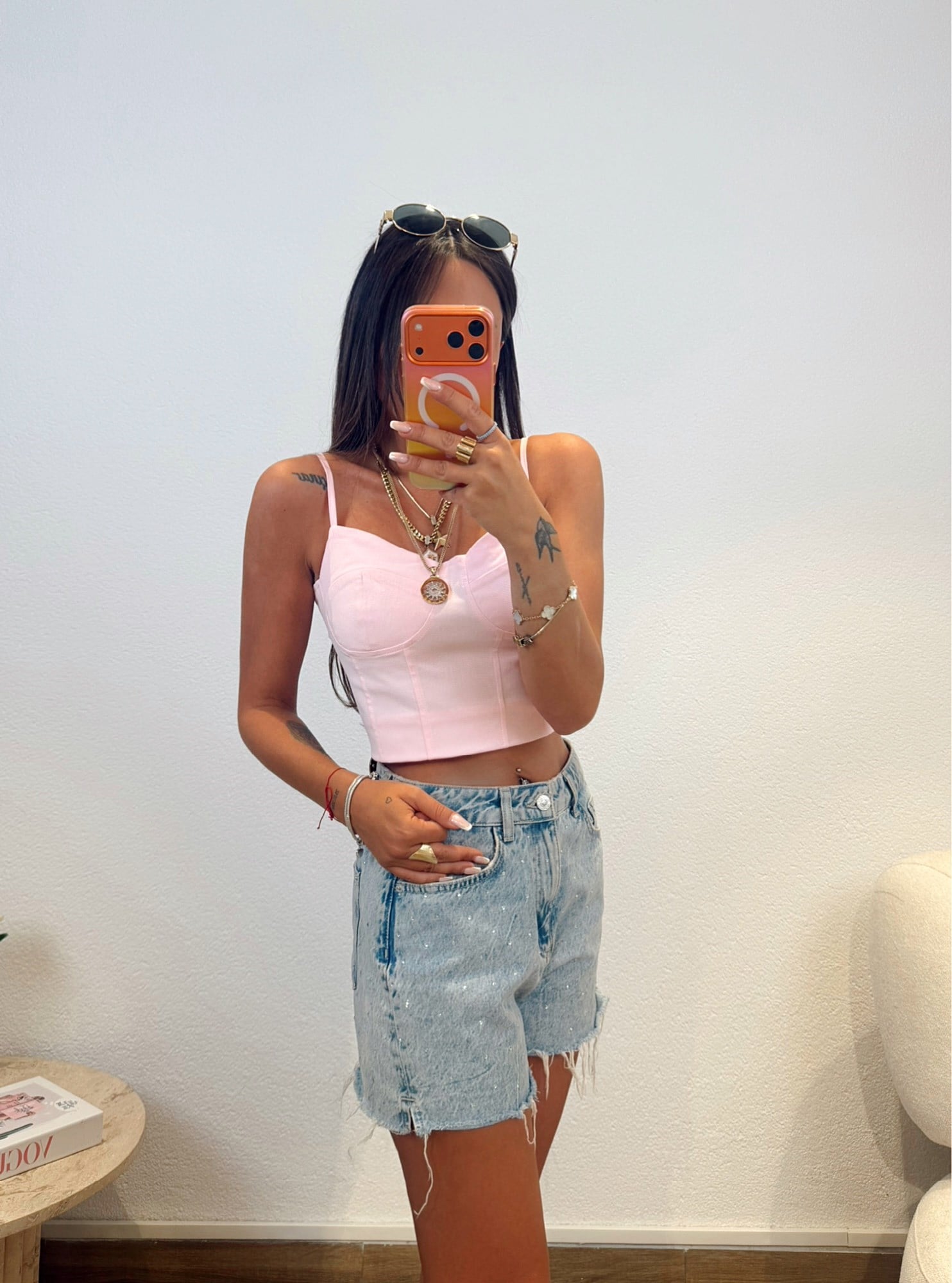 İp Askılı Pudra Pembe Keten Crop