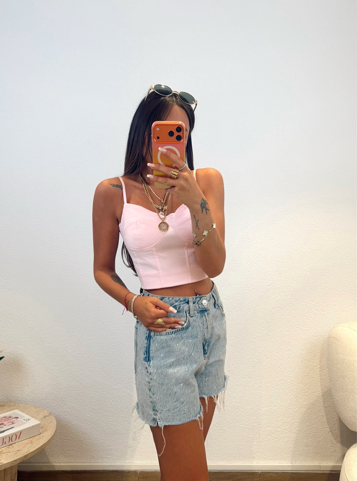 İp Askılı Pudra Pembe Keten Crop