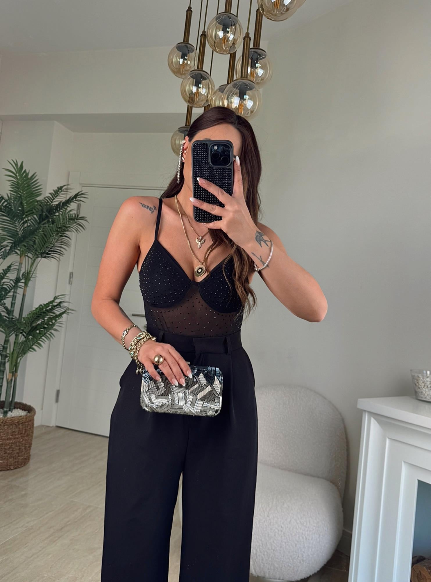 İp Askılı Taşlı Transparan Bodysuit