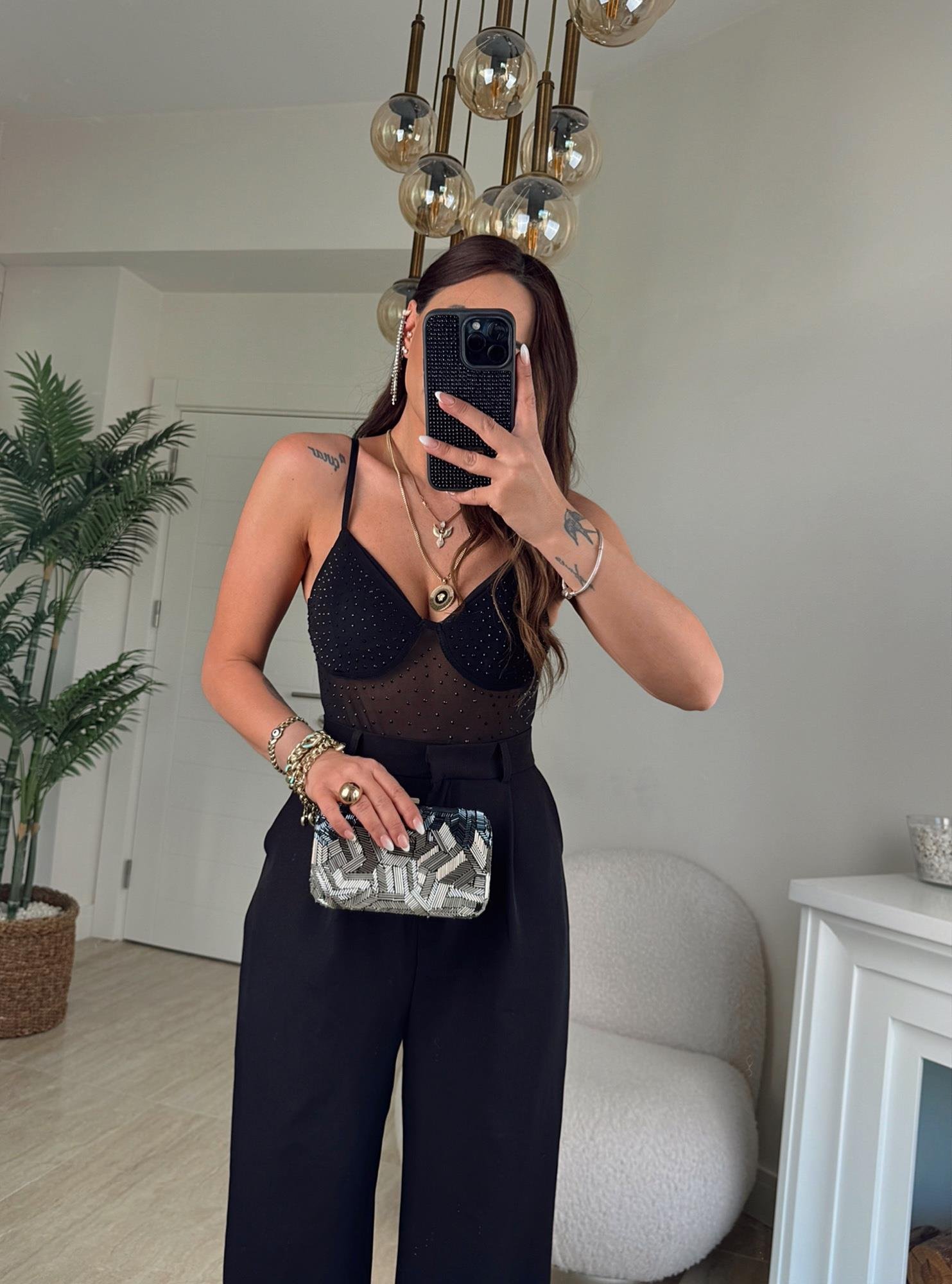 İp Askılı Taşlı Transparan Bodysuit