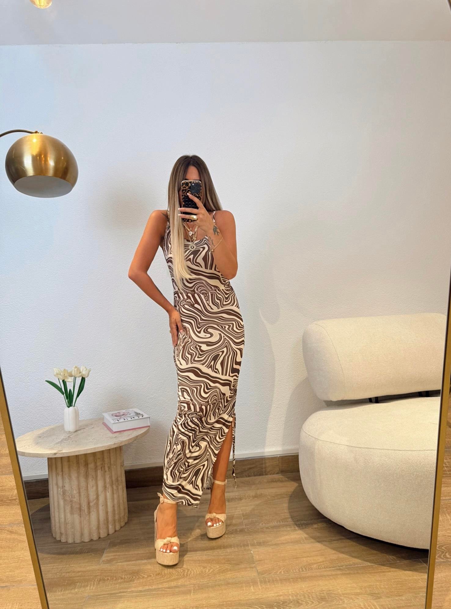 İp Askılı Zebra Desen Asansörlü Midi Elbise