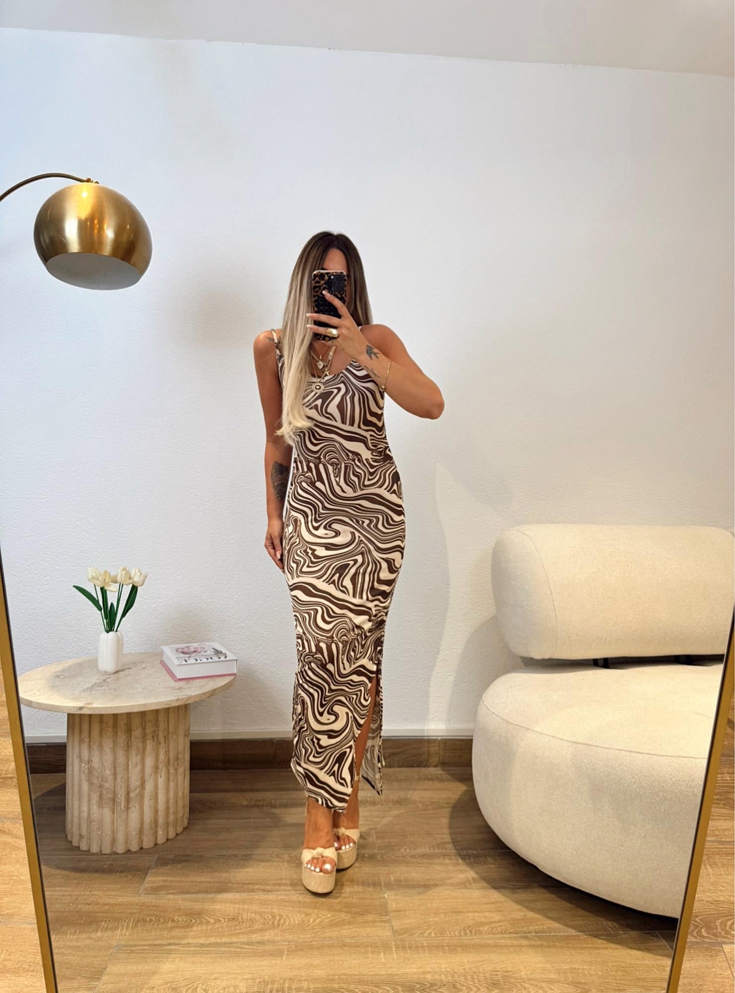İp Askılı Zebra Desen Asansörlü Midi Elbise