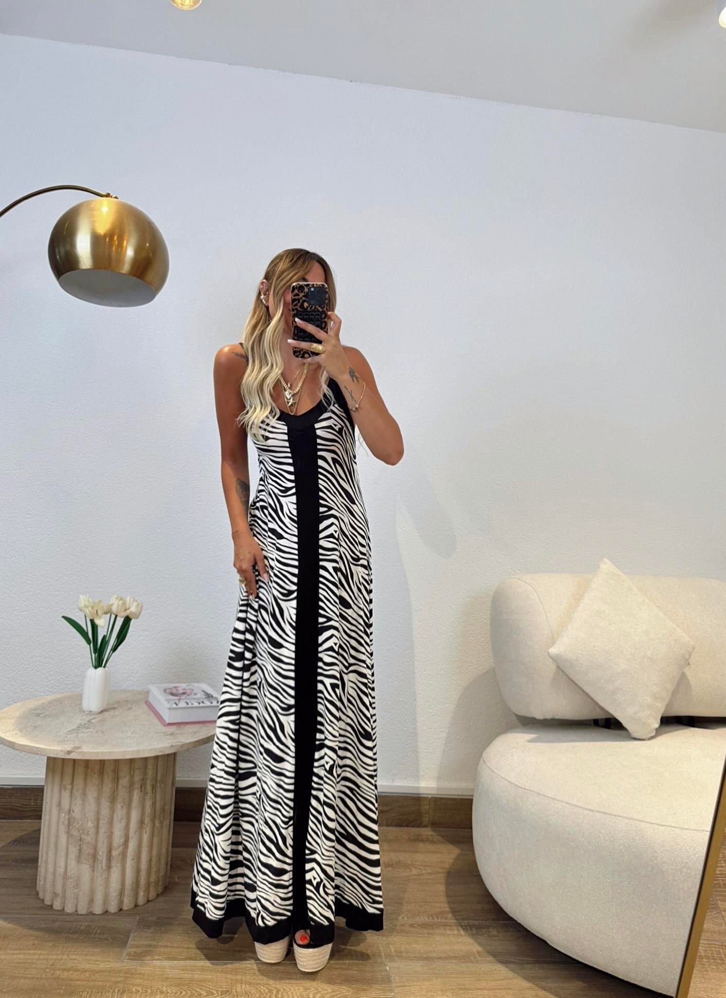 İp Askılı Zebra Desen Maxi Elbise