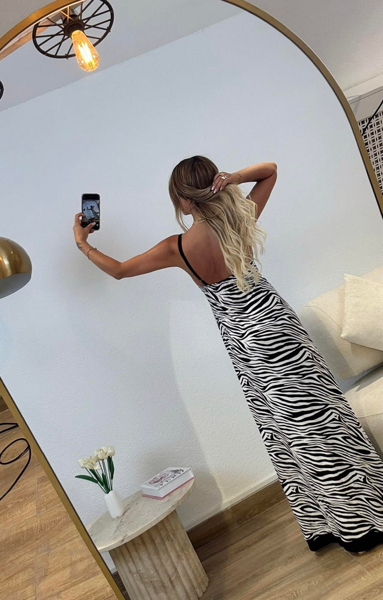 İp Askılı Zebra Desen Maxi Elbise