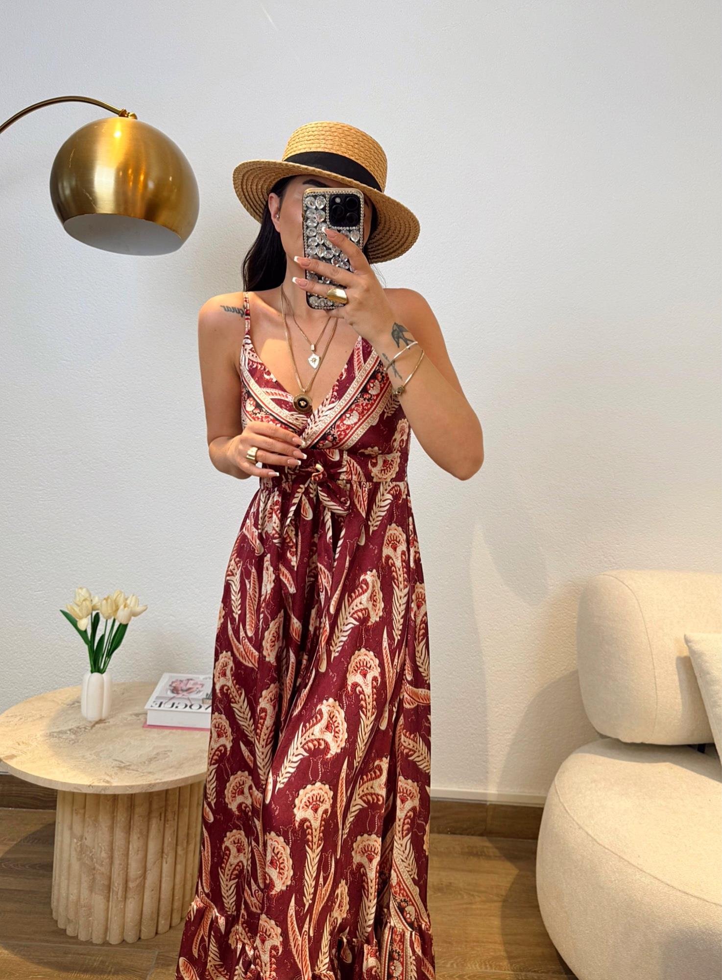 İpek Saten Bordo Desenli Maxi Elbise
